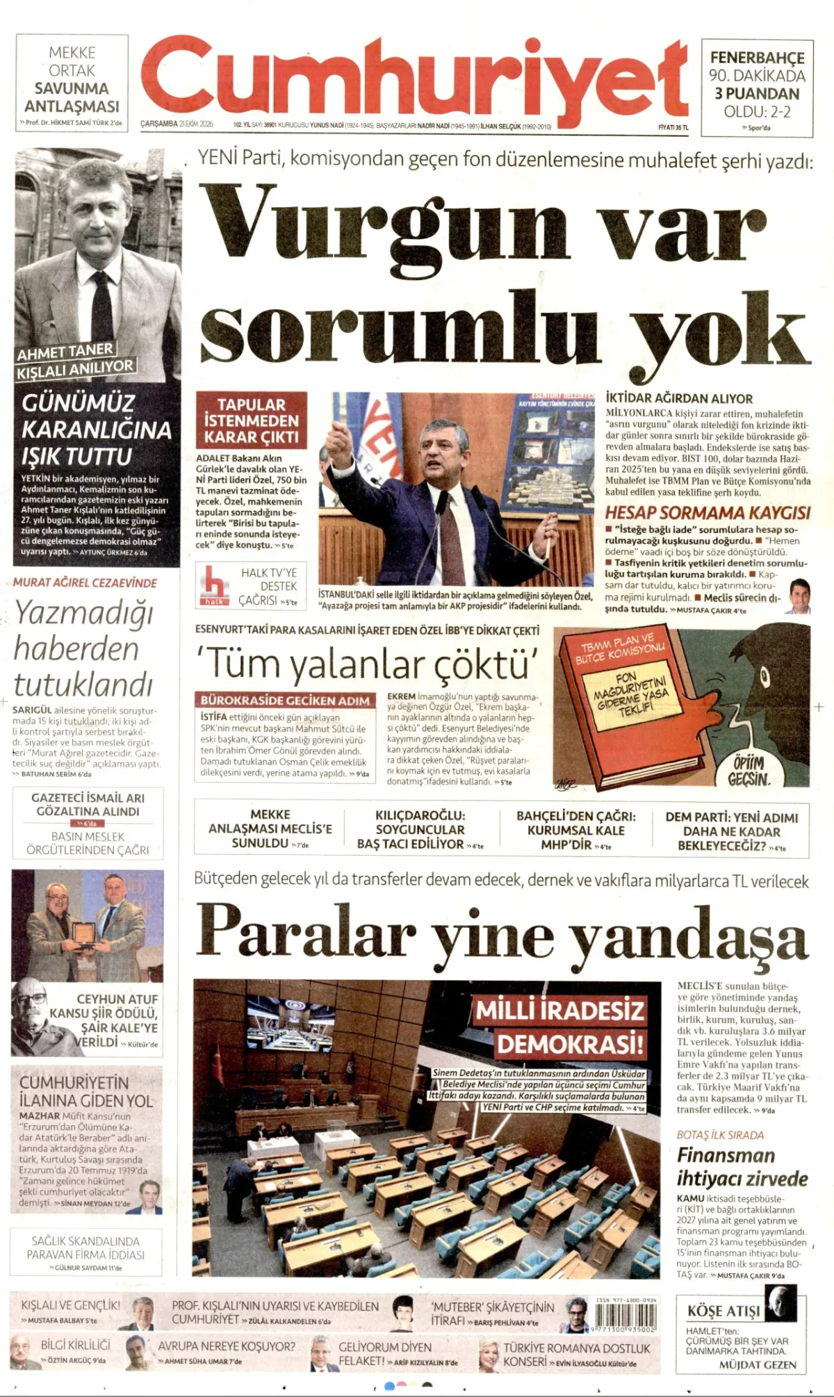 Cumhuriyet birinci sayfa manşeti (22 Ekim 2026)