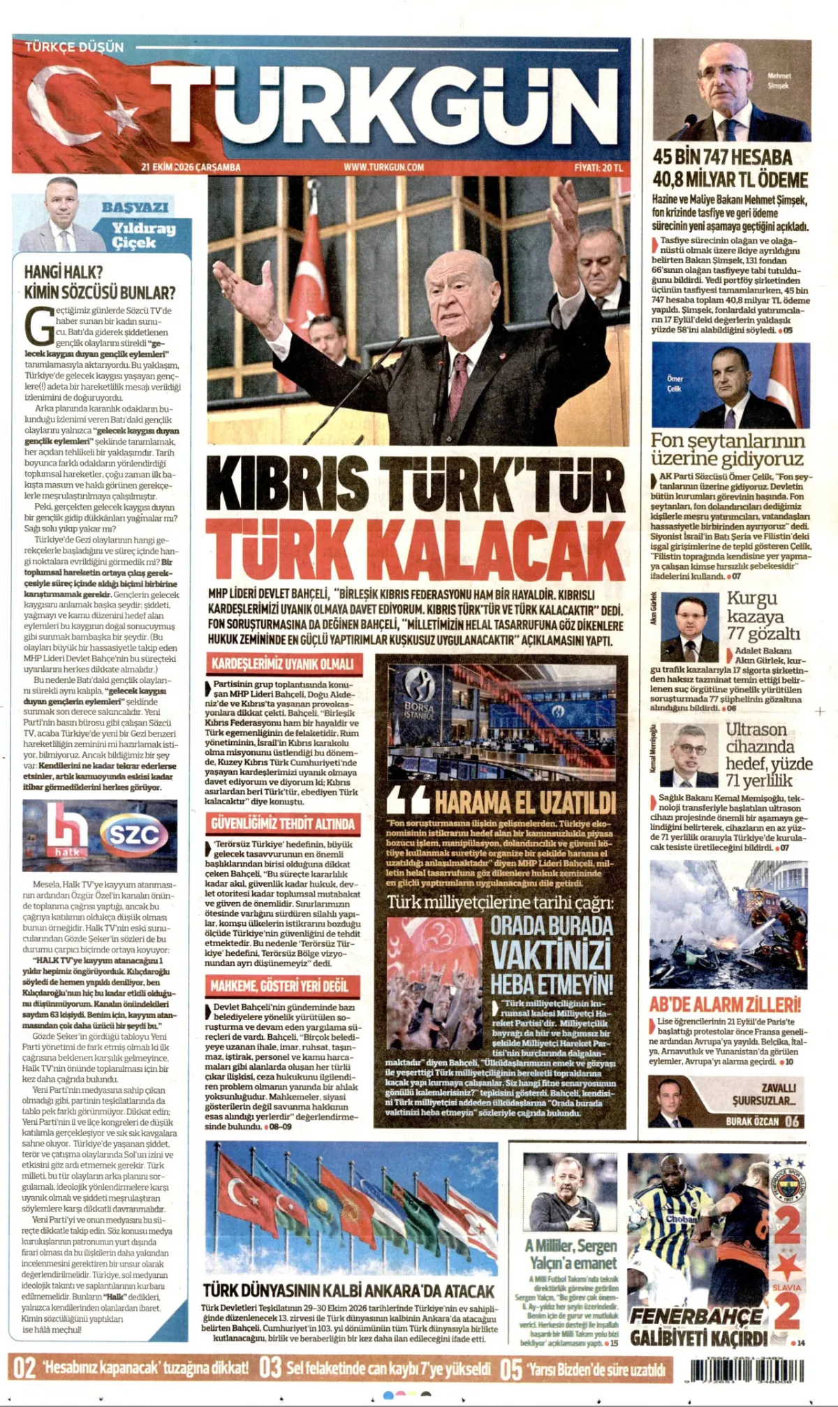 Türkgün birinci sayfa manşeti (22 Ekim 2026)