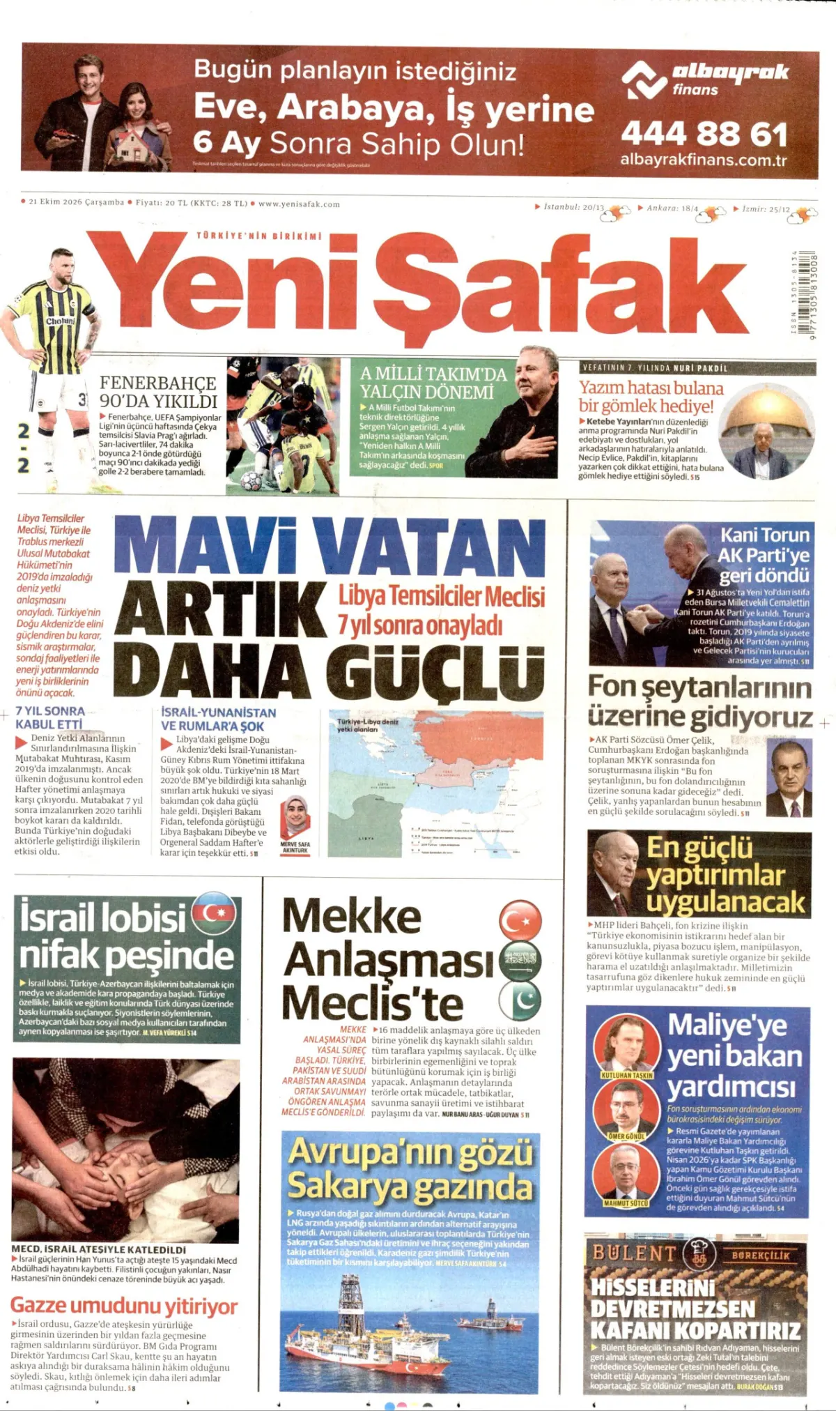 Yeni Şafak birinci sayfa manşeti (22 Ekim 2026)