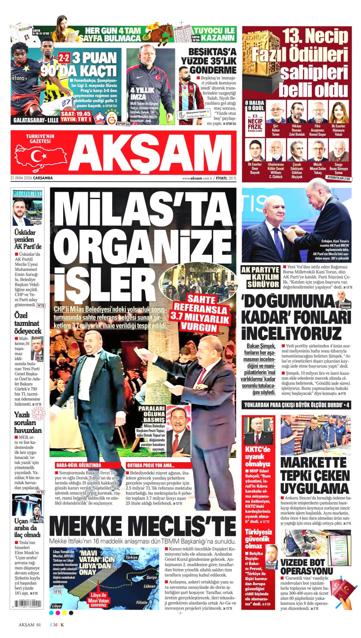Akşam birinci sayfa manşeti (22 Ekim 2026)
