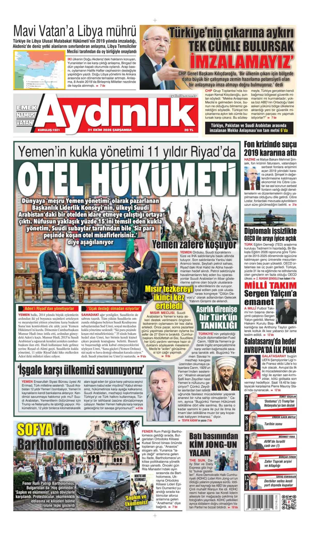 Aydınlık birinci sayfa manşeti (22 Ekim 2026)