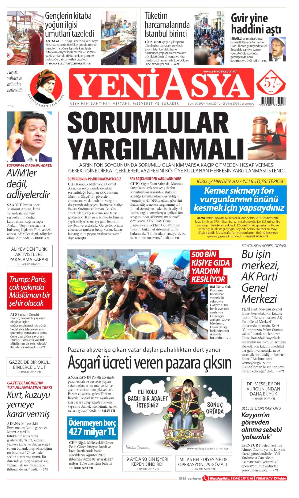 Yeni Asya birinci sayfa manşeti (22 Ekim 2026)