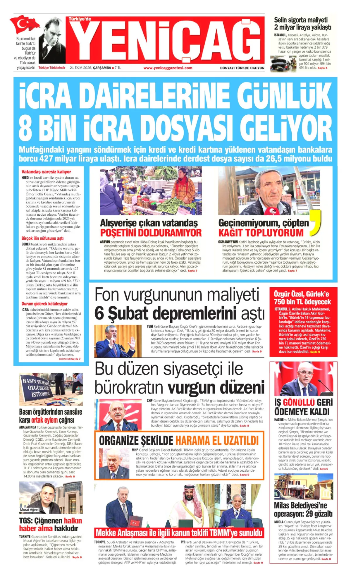 Yeniçağ birinci sayfa manşeti (22 Ekim 2026)