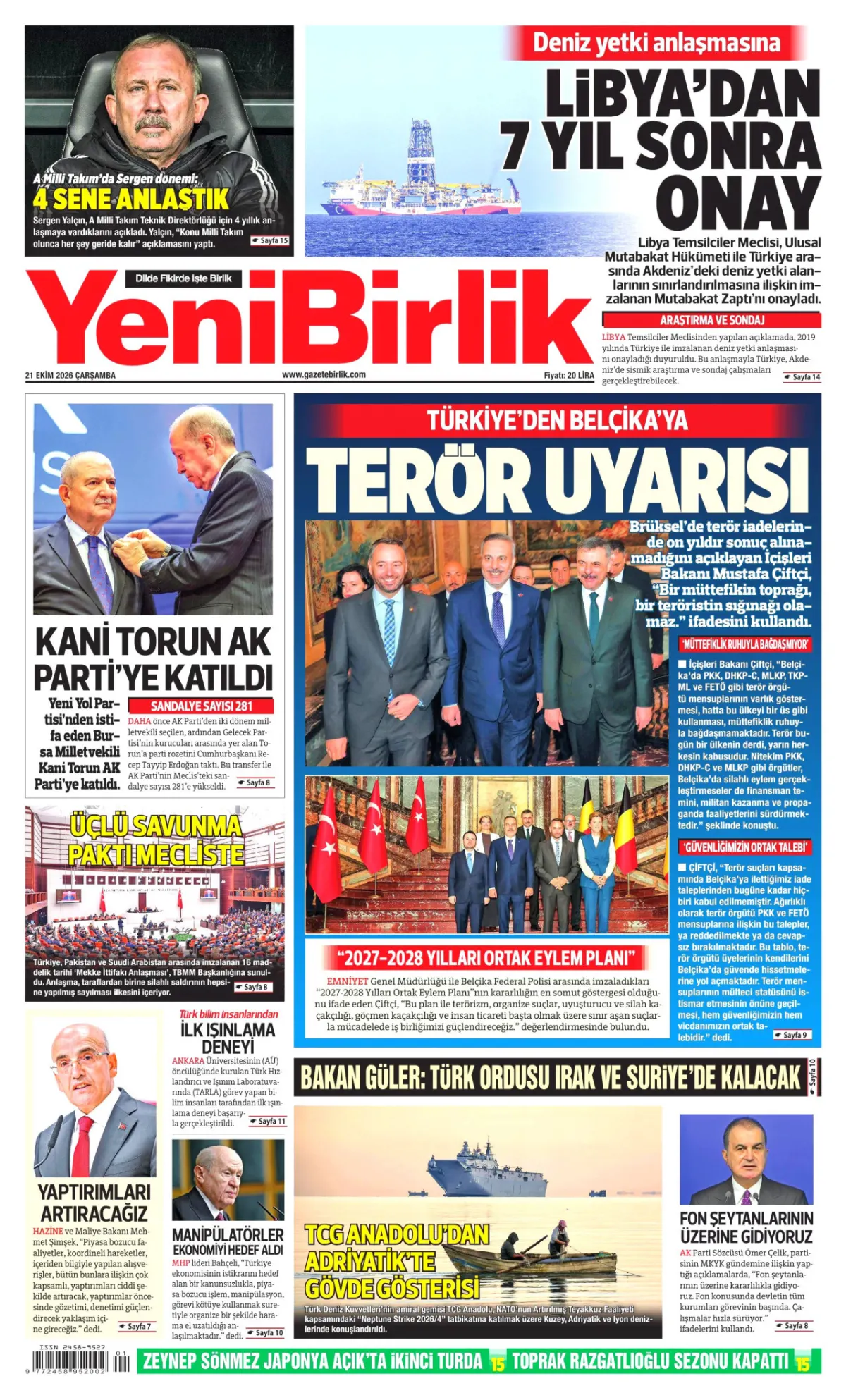 YeniBirlik birinci sayfa manşeti (22 Ekim 2026)