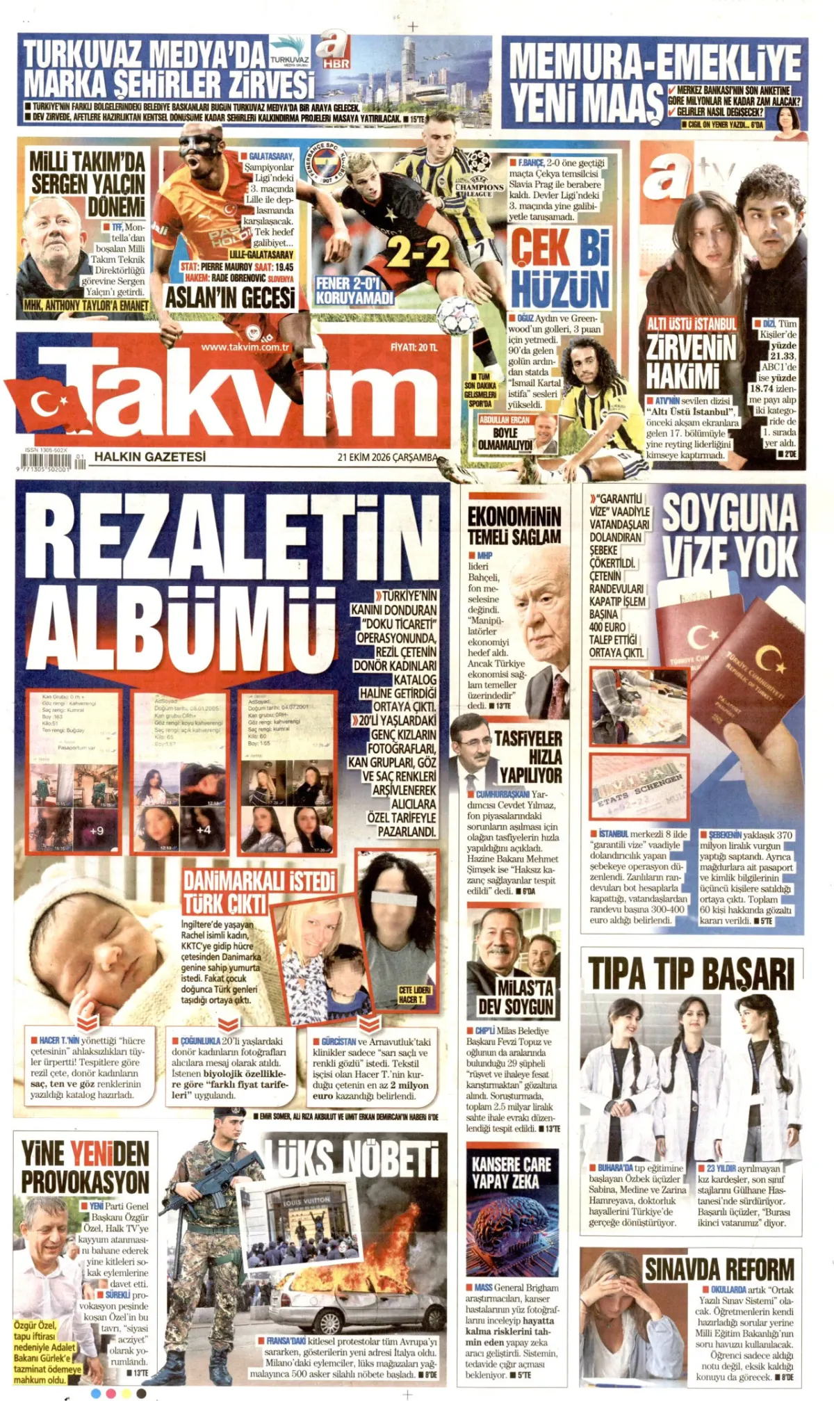 Takvim birinci sayfa manşeti (22 Ekim 2026)