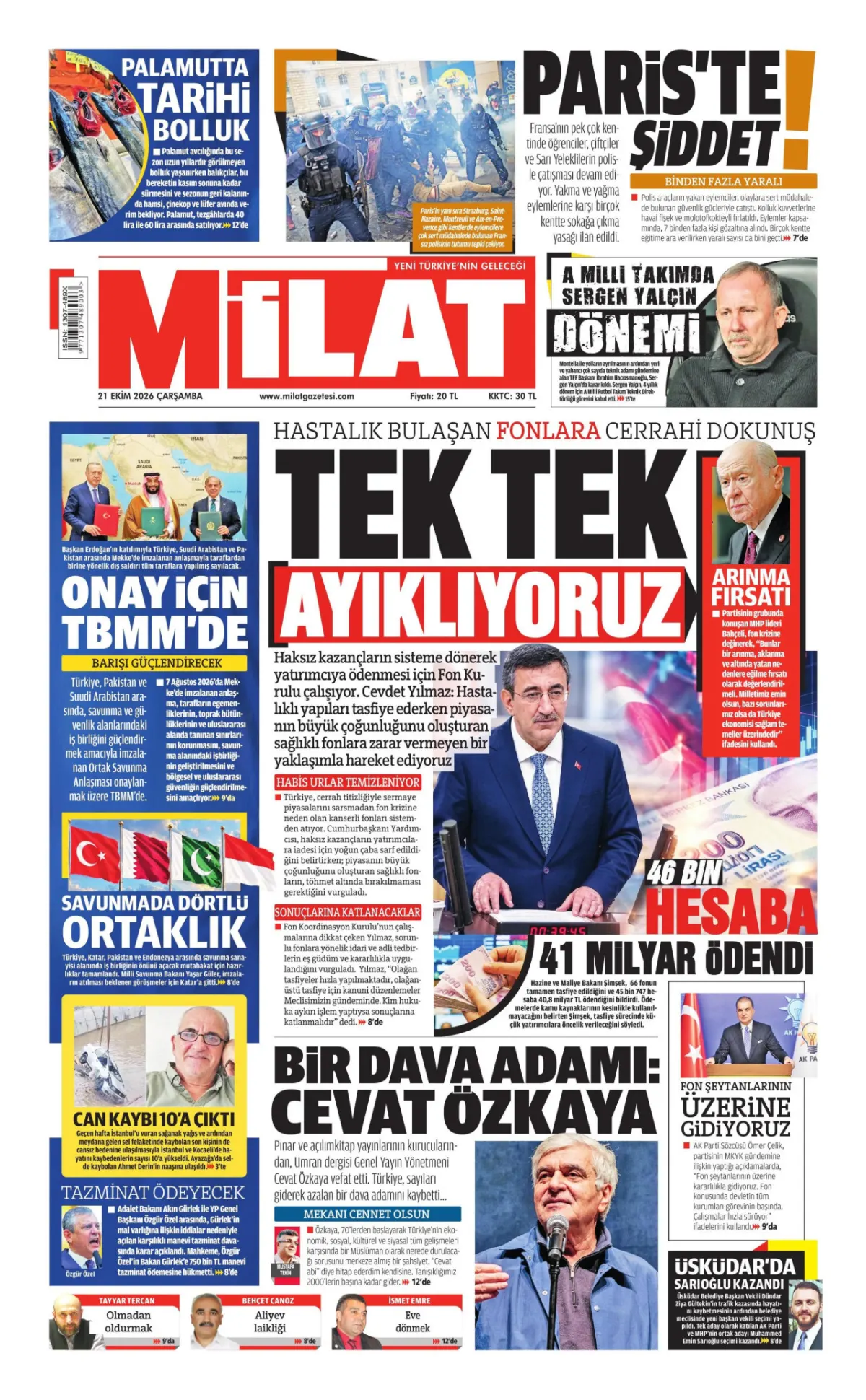 Milat birinci sayfa manşeti (22 Ekim 2026)