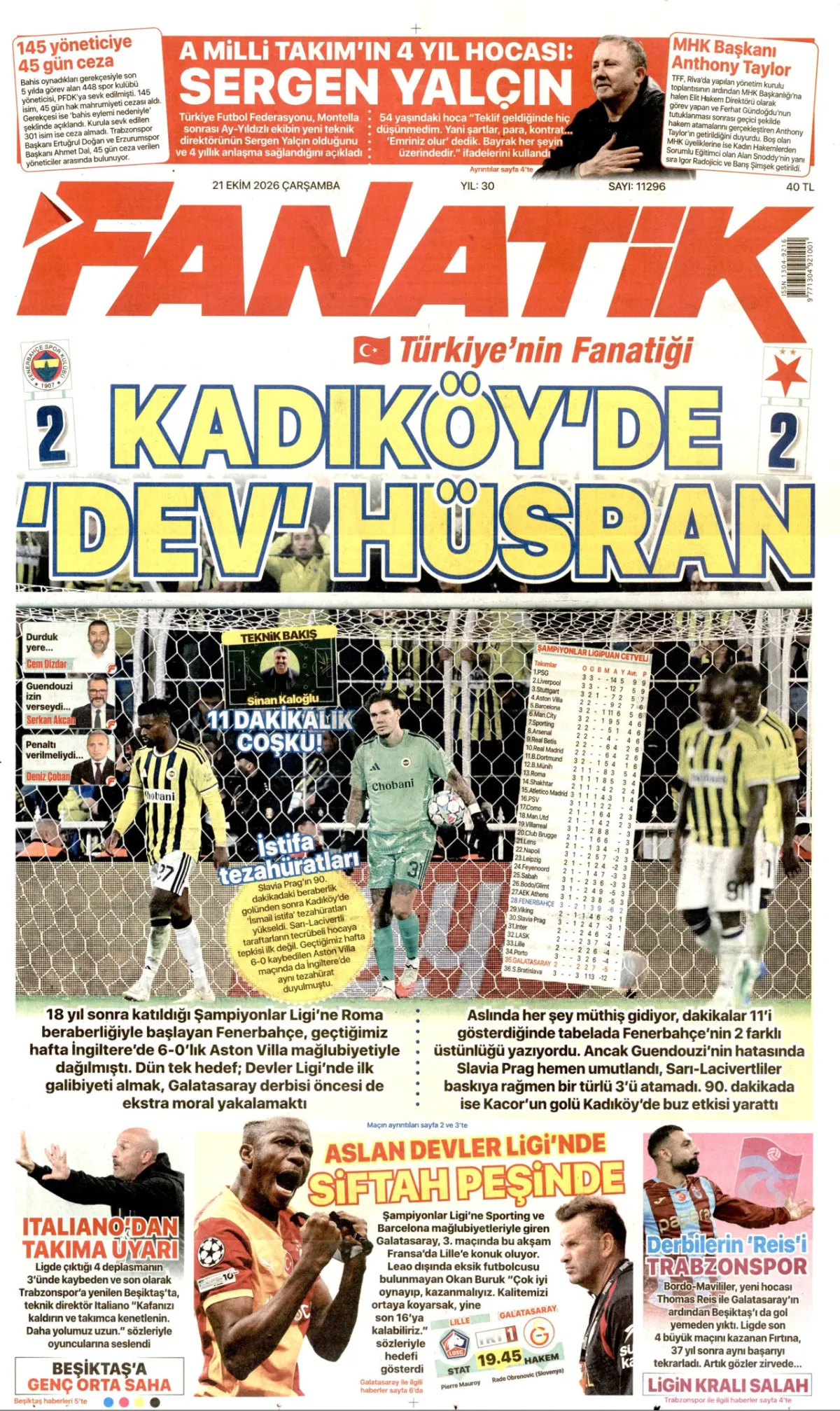 Fanatik birinci sayfa manşeti (22 Ekim 2026)