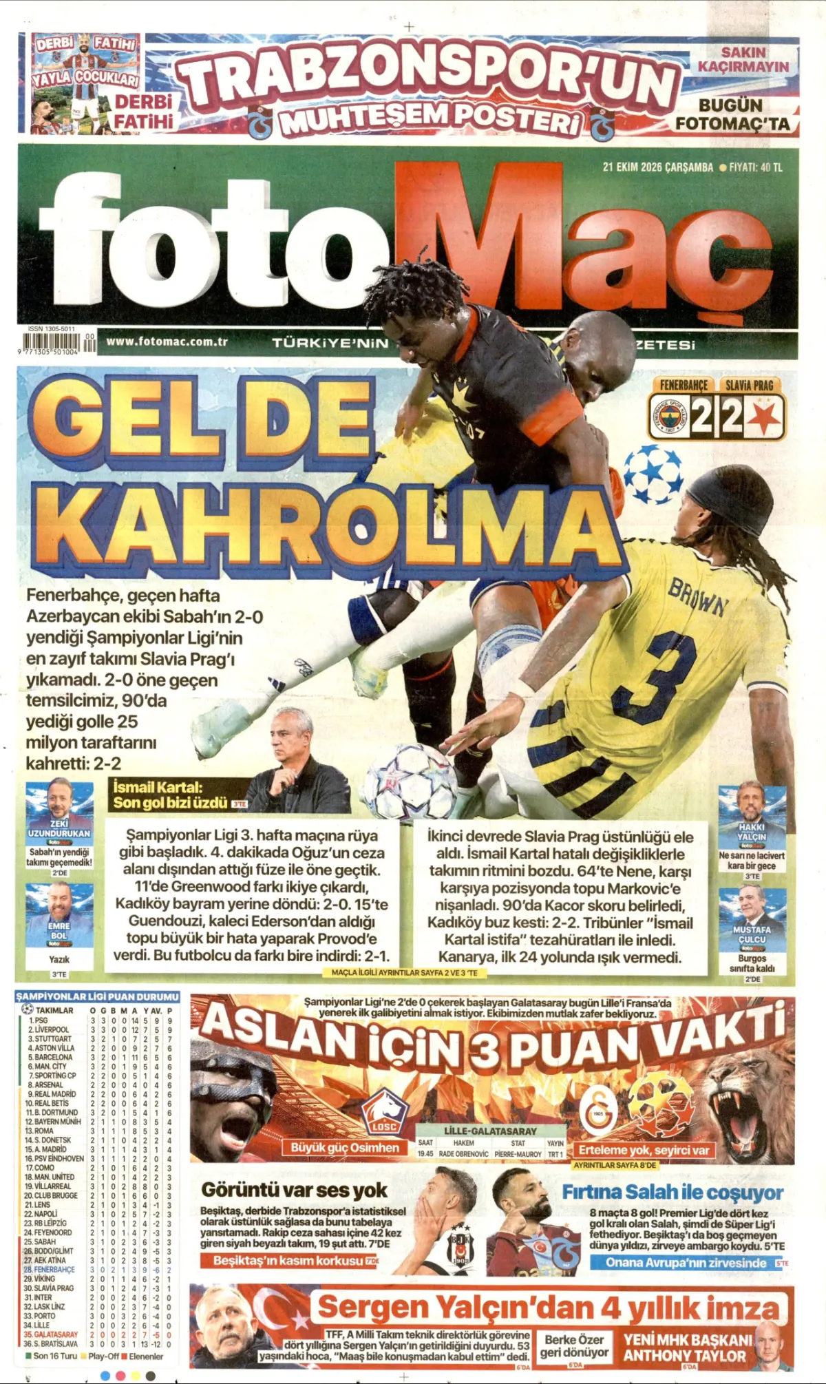 Fotomaç birinci sayfa manşeti (22 Ekim 2026)