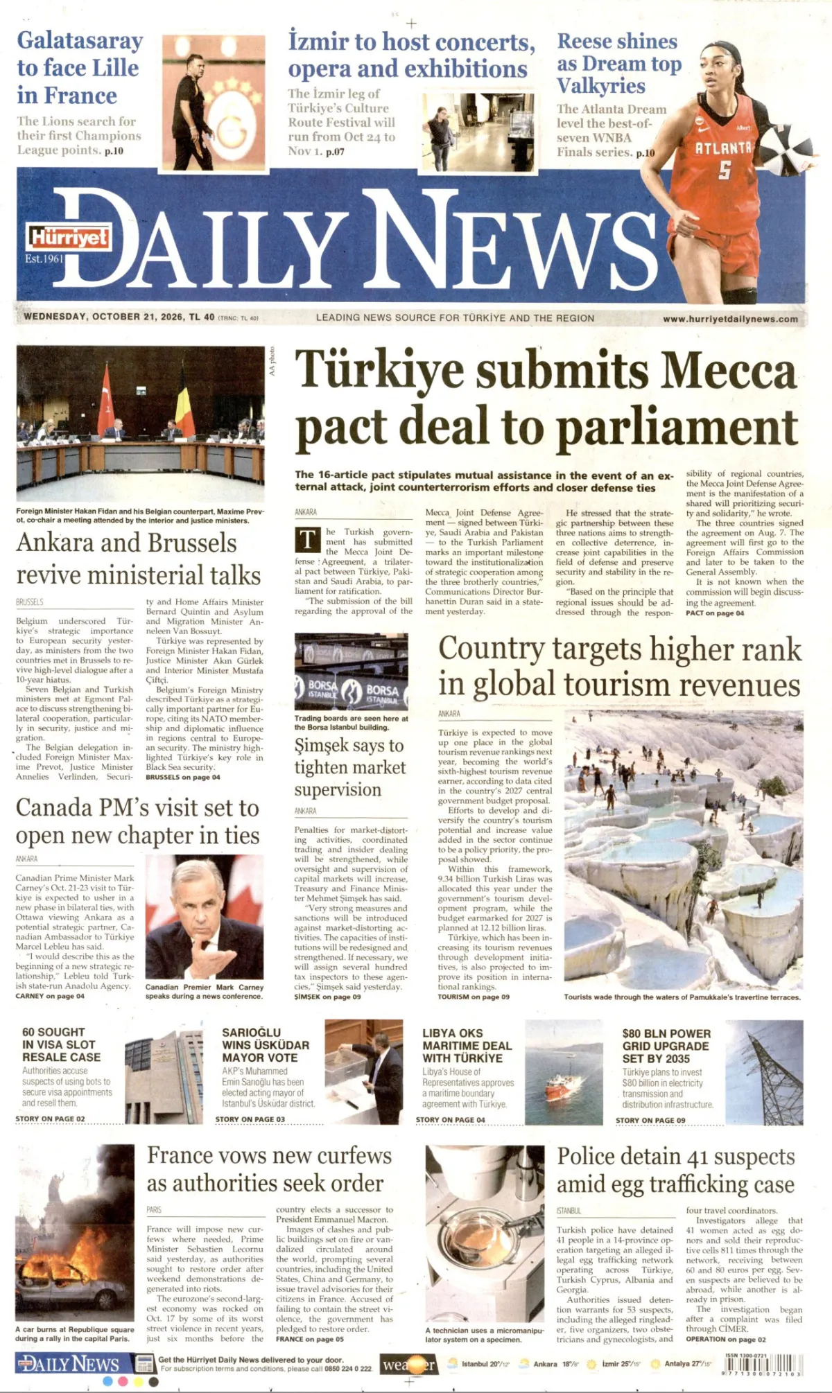 Hürriyet Daily News birinci sayfa manşeti (22 Ekim 2026)