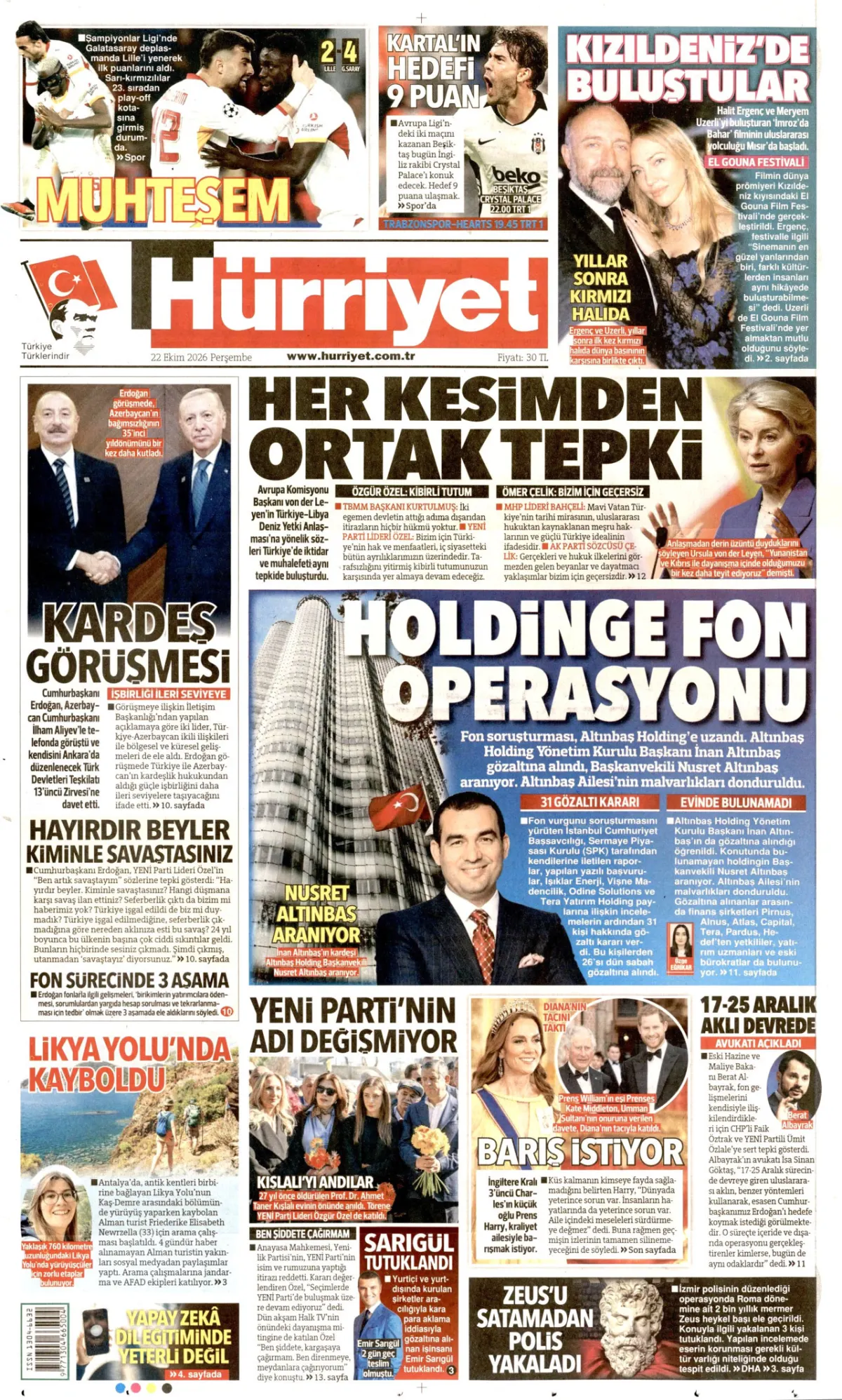 Hürriyet birinci sayfa manşeti (23 Ekim 2026)