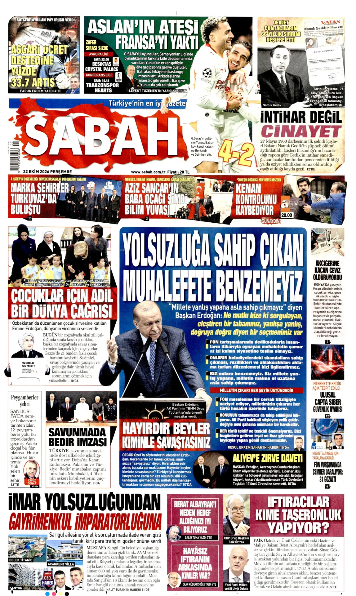Sabah birinci sayfa manşeti (23 Ekim 2026)