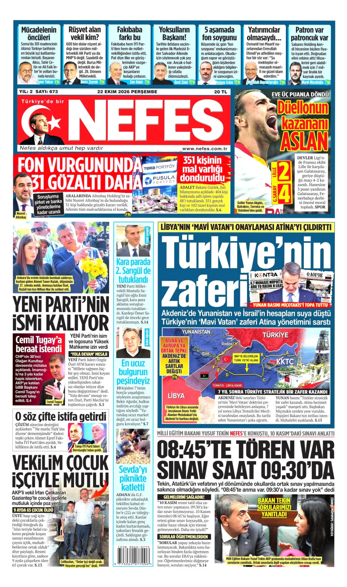 Nefes birinci sayfa manşeti (23 Ekim 2026)