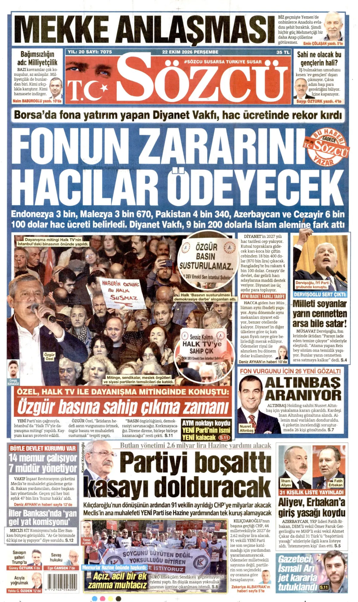 Sözcü birinci sayfa manşeti (23 Ekim 2026)
