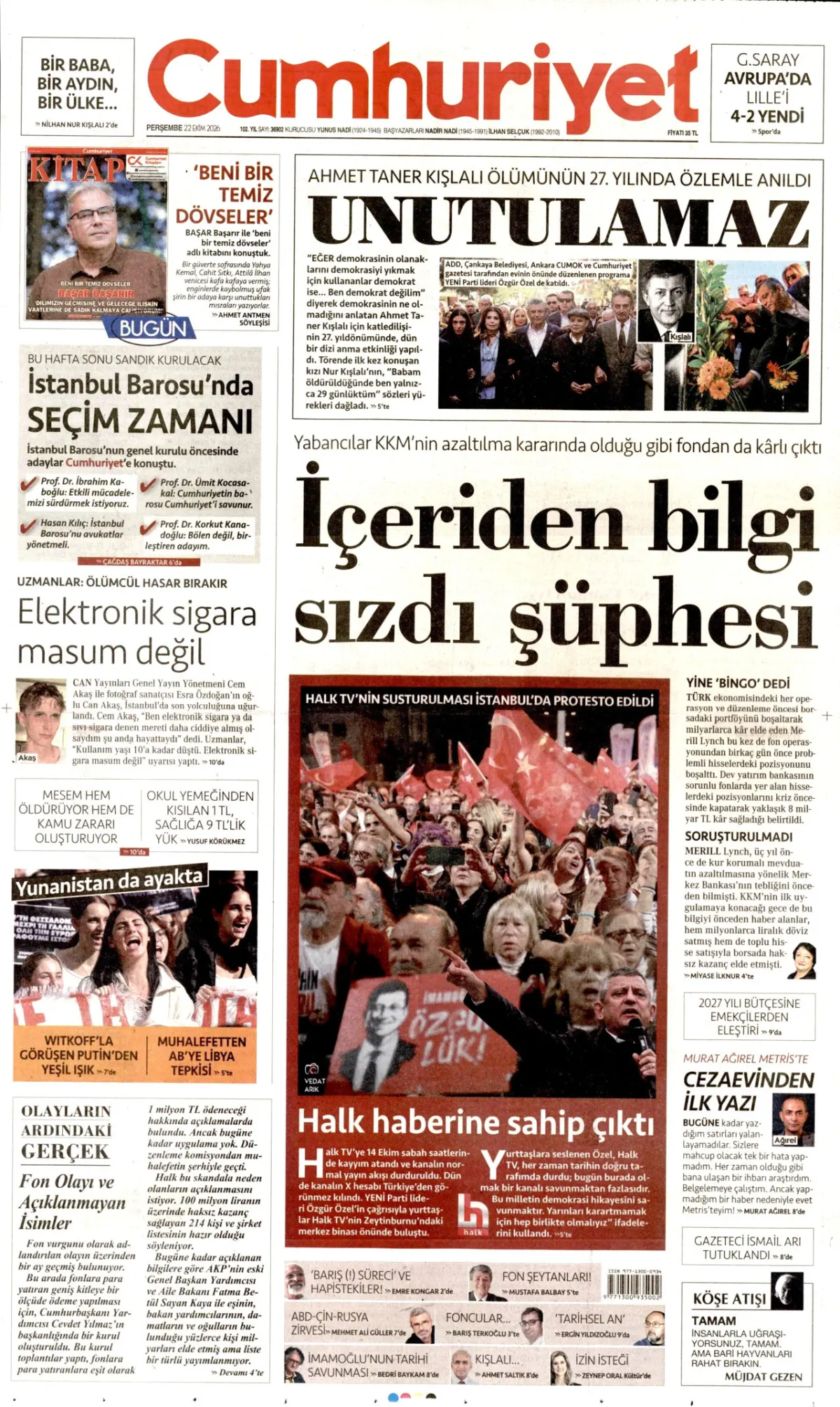 Cumhuriyet birinci sayfa manşeti (23 Ekim 2026)