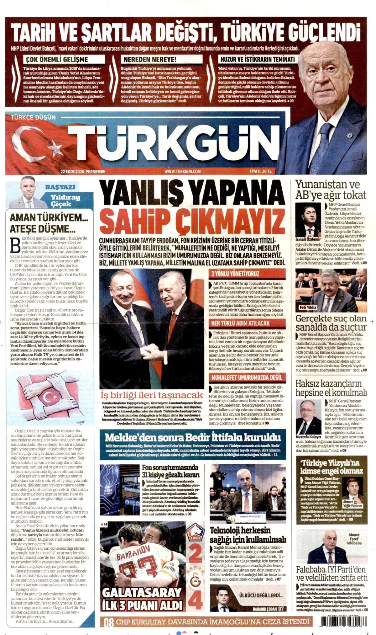 Türkgün birinci sayfa manşeti (23 Ekim 2026)