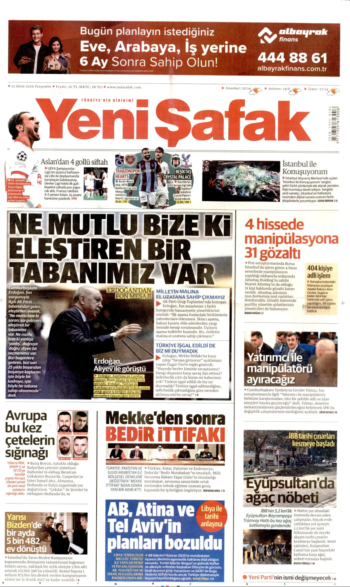 Yeni Şafak birinci sayfa manşeti (23 Ekim 2026)
