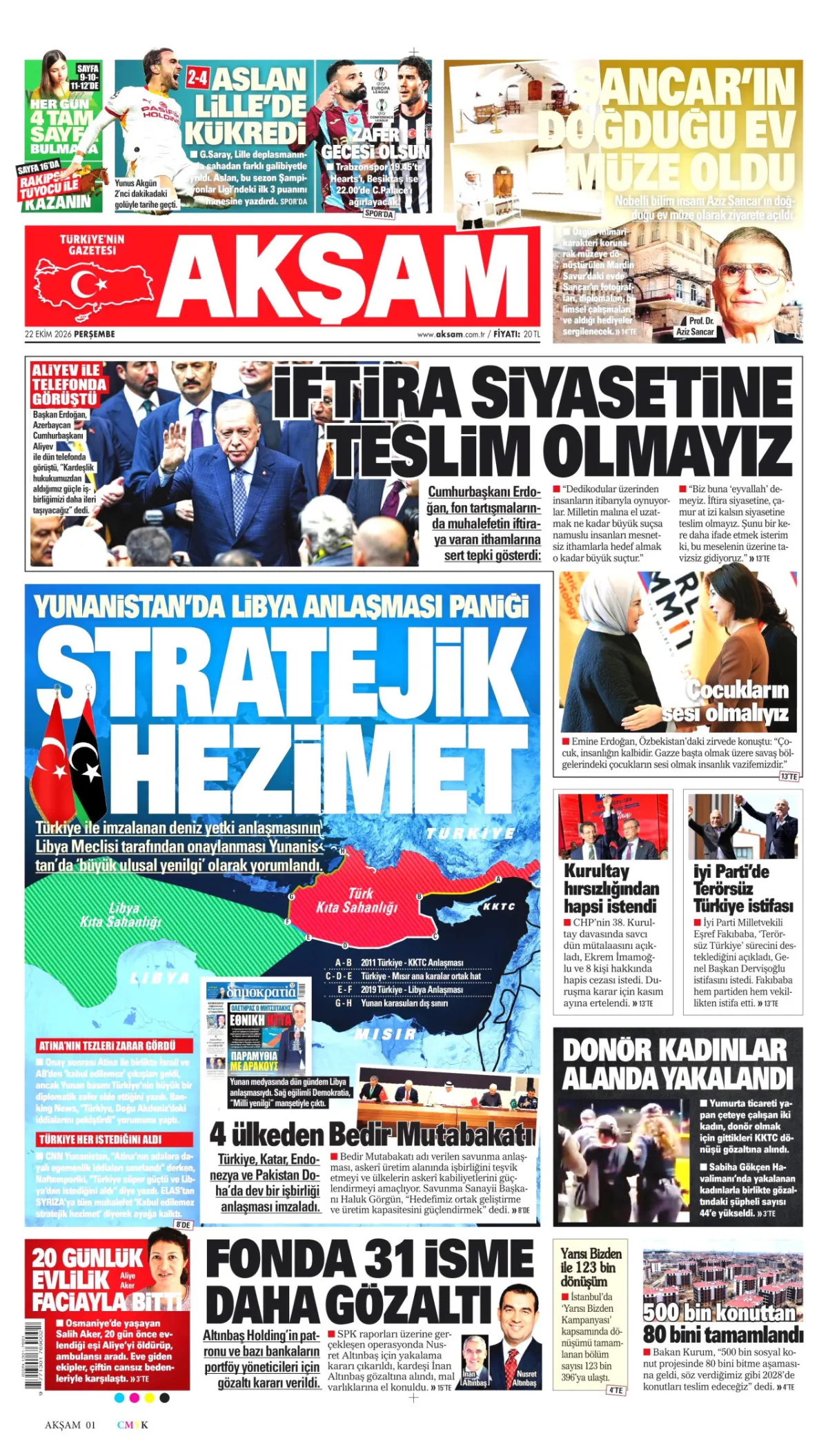 Akşam birinci sayfa manşeti (23 Ekim 2026)