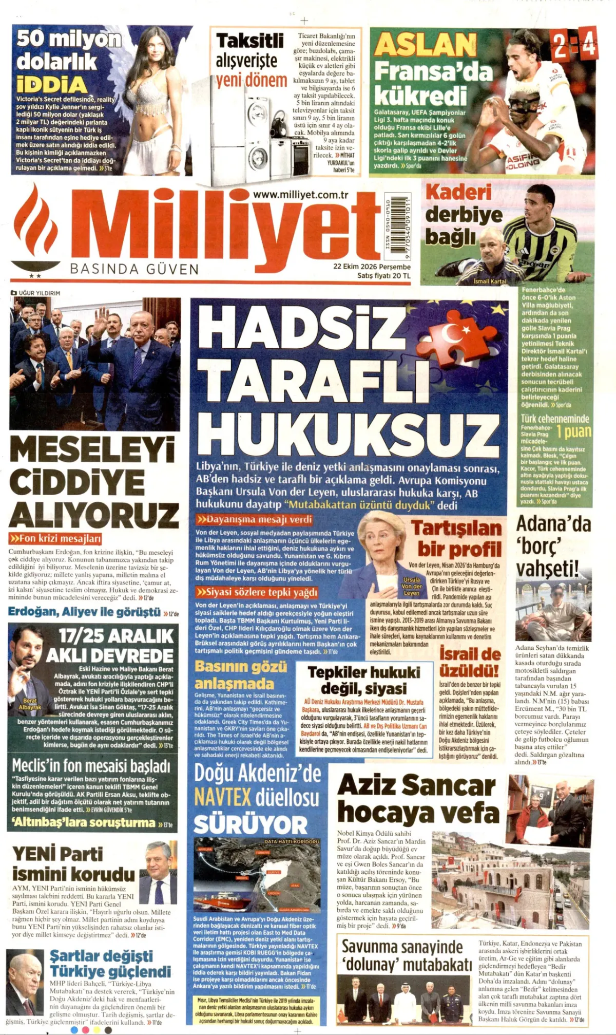Milliyet birinci sayfa manşeti (23 Ekim 2026)