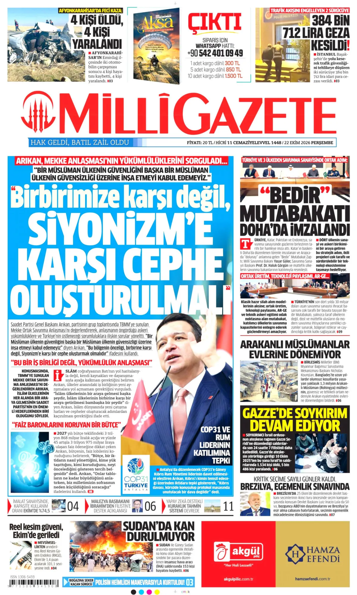 Milli birinci sayfa manşeti (23 Ekim 2026)