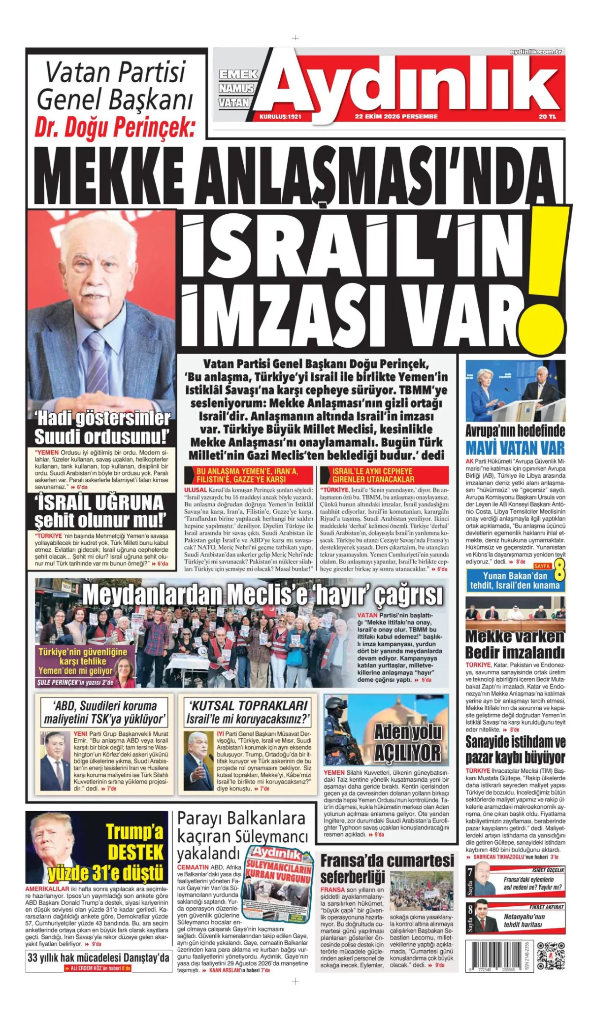 Aydınlık birinci sayfa manşeti (23 Ekim 2026)