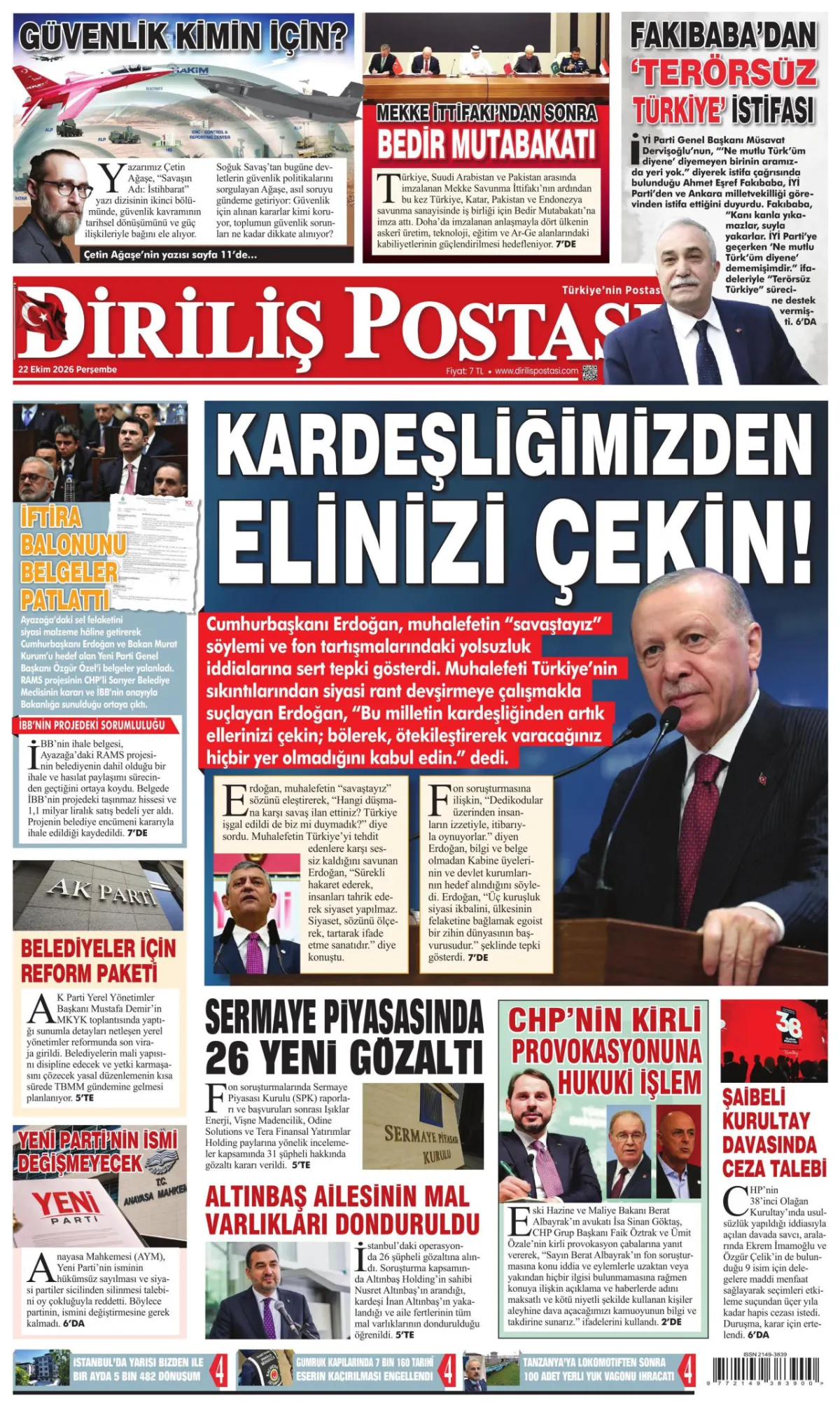 Diriliş Postası birinci sayfa manşeti (23 Ekim 2026)