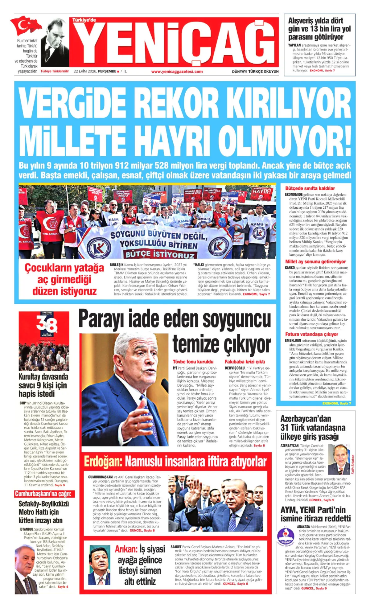 Yeniçağ birinci sayfa manşeti (23 Ekim 2026)