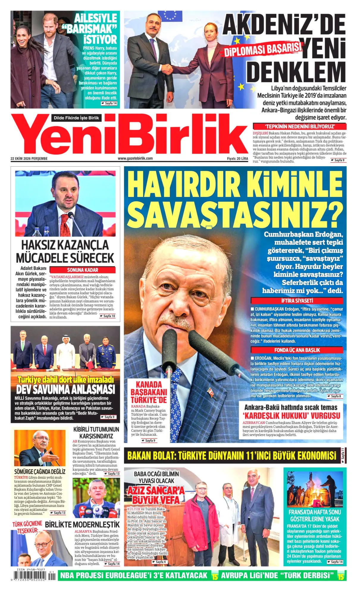 YeniBirlik birinci sayfa manşeti (23 Ekim 2026)