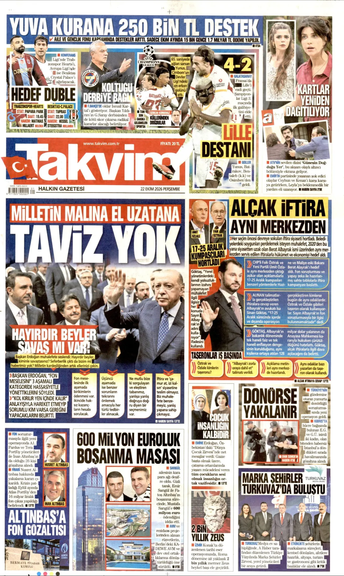 Takvim birinci sayfa manşeti (23 Ekim 2026)