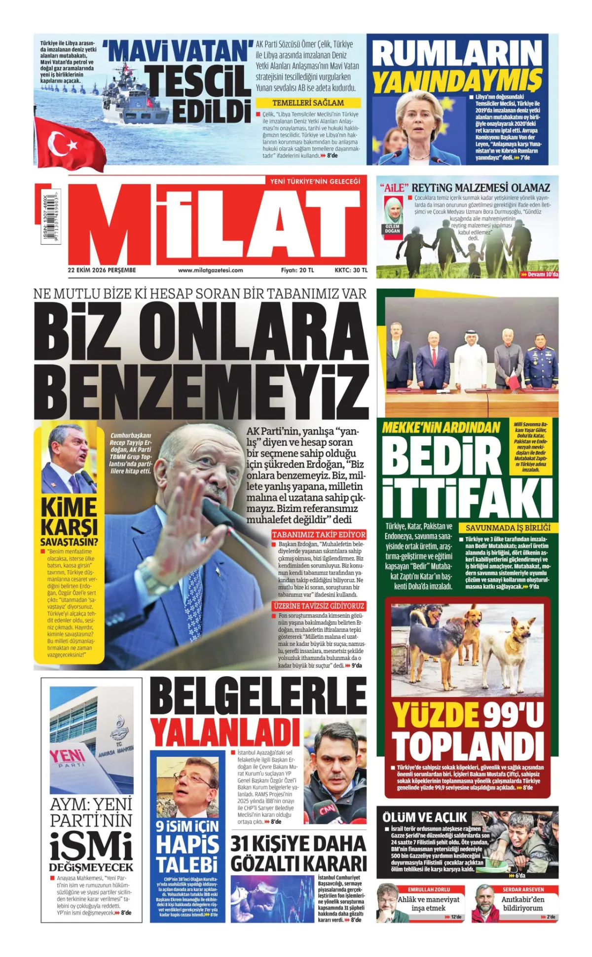 Milat birinci sayfa manşeti (23 Ekim 2026)