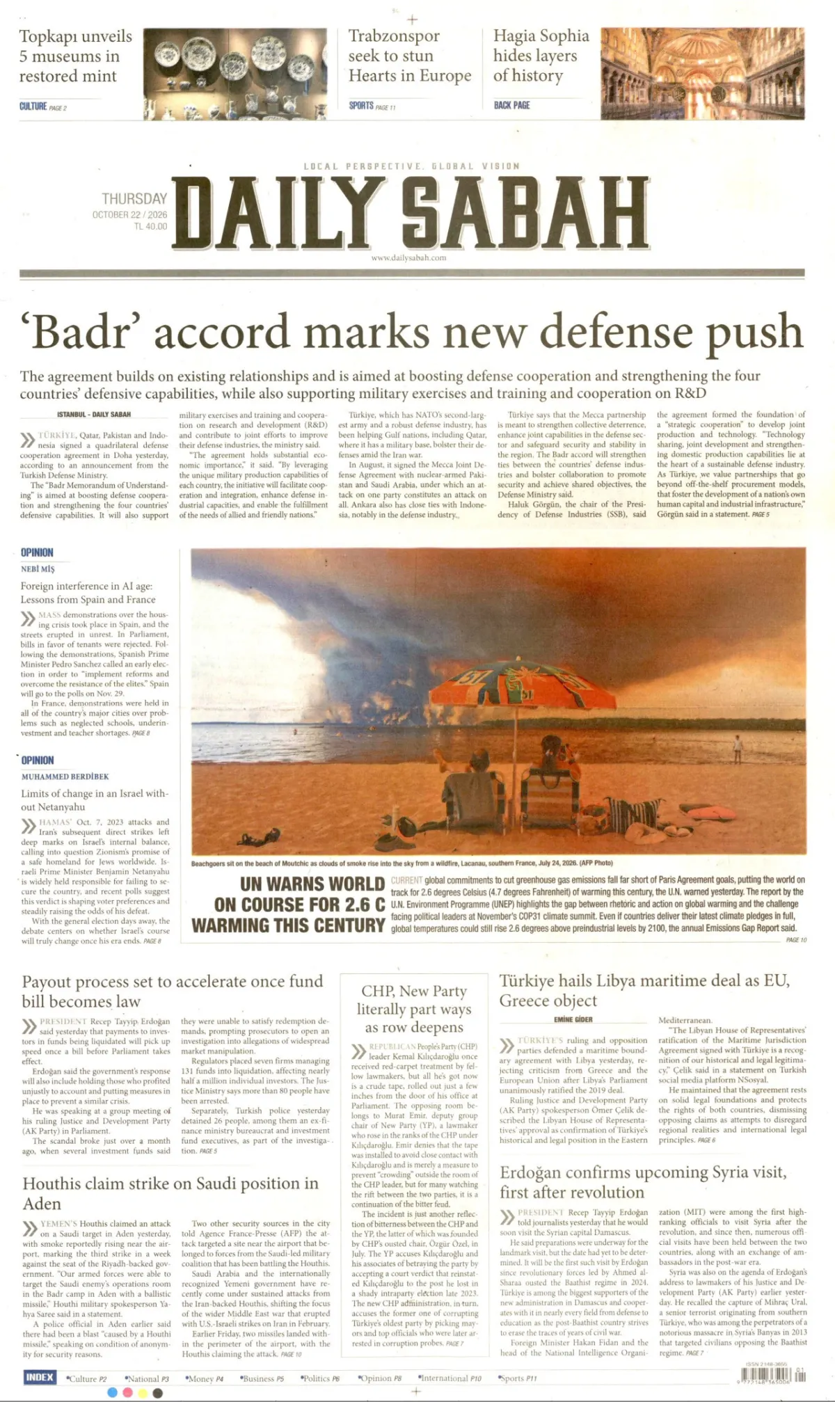 Daily Sabah birinci sayfa manşeti (23 Ekim 2026)