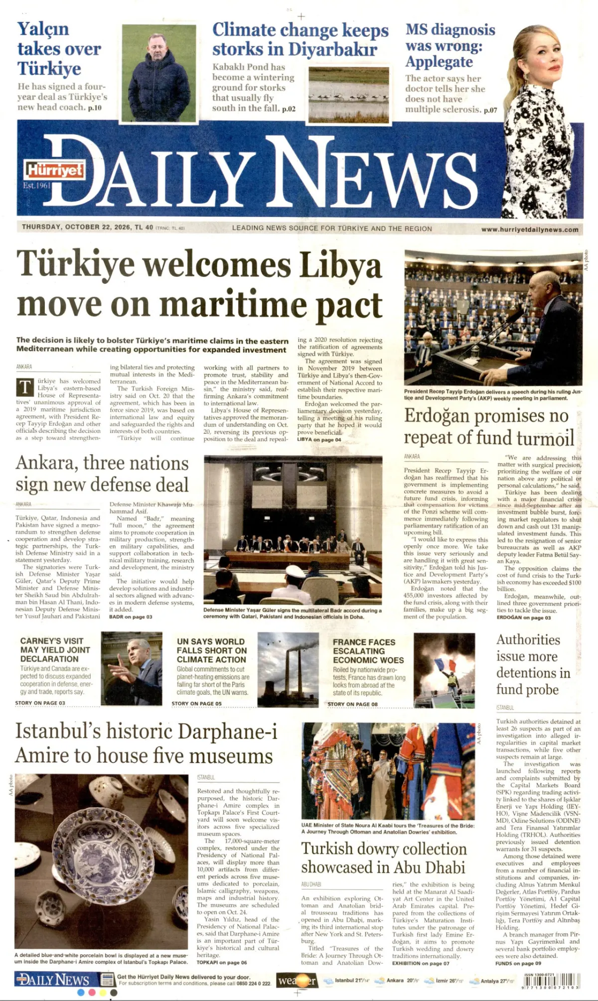 Hürriyet Daily News birinci sayfa manşeti (23 Ekim 2026)
