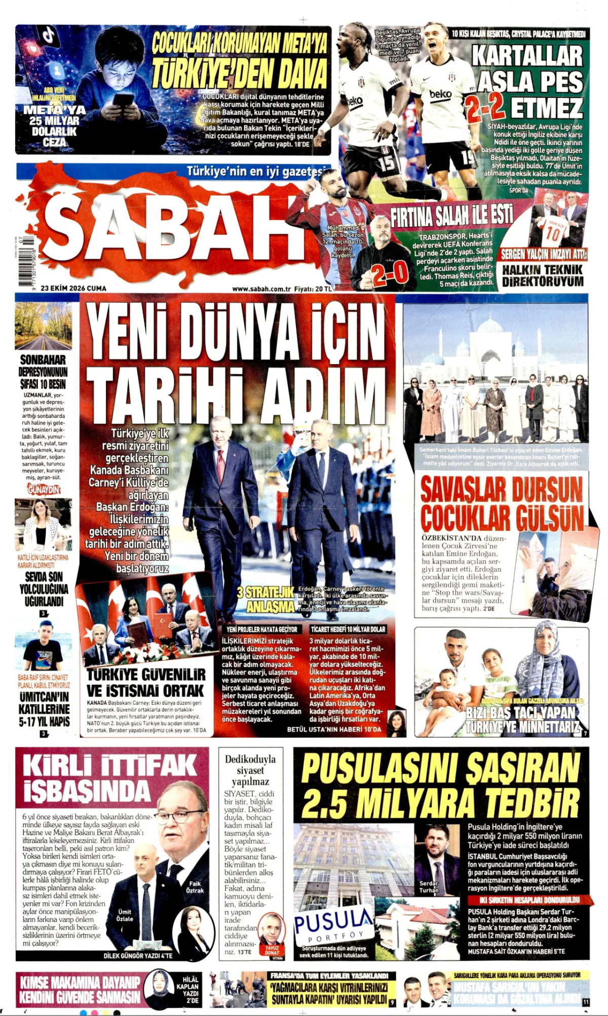 Sabah birinci sayfa manşeti (24 Ekim 2026)