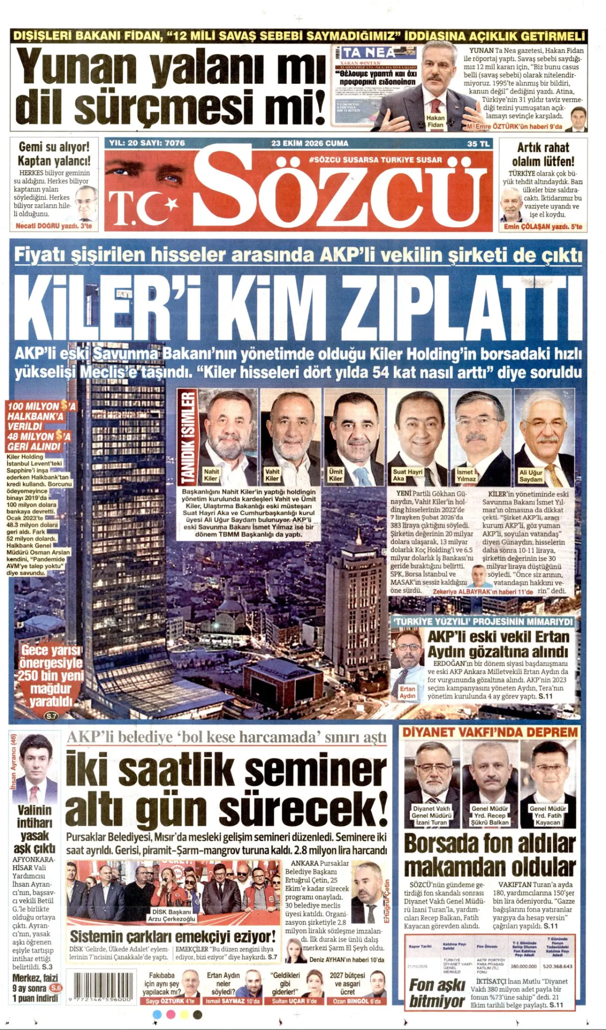 Sözcü birinci sayfa manşeti (24 Ekim 2026)