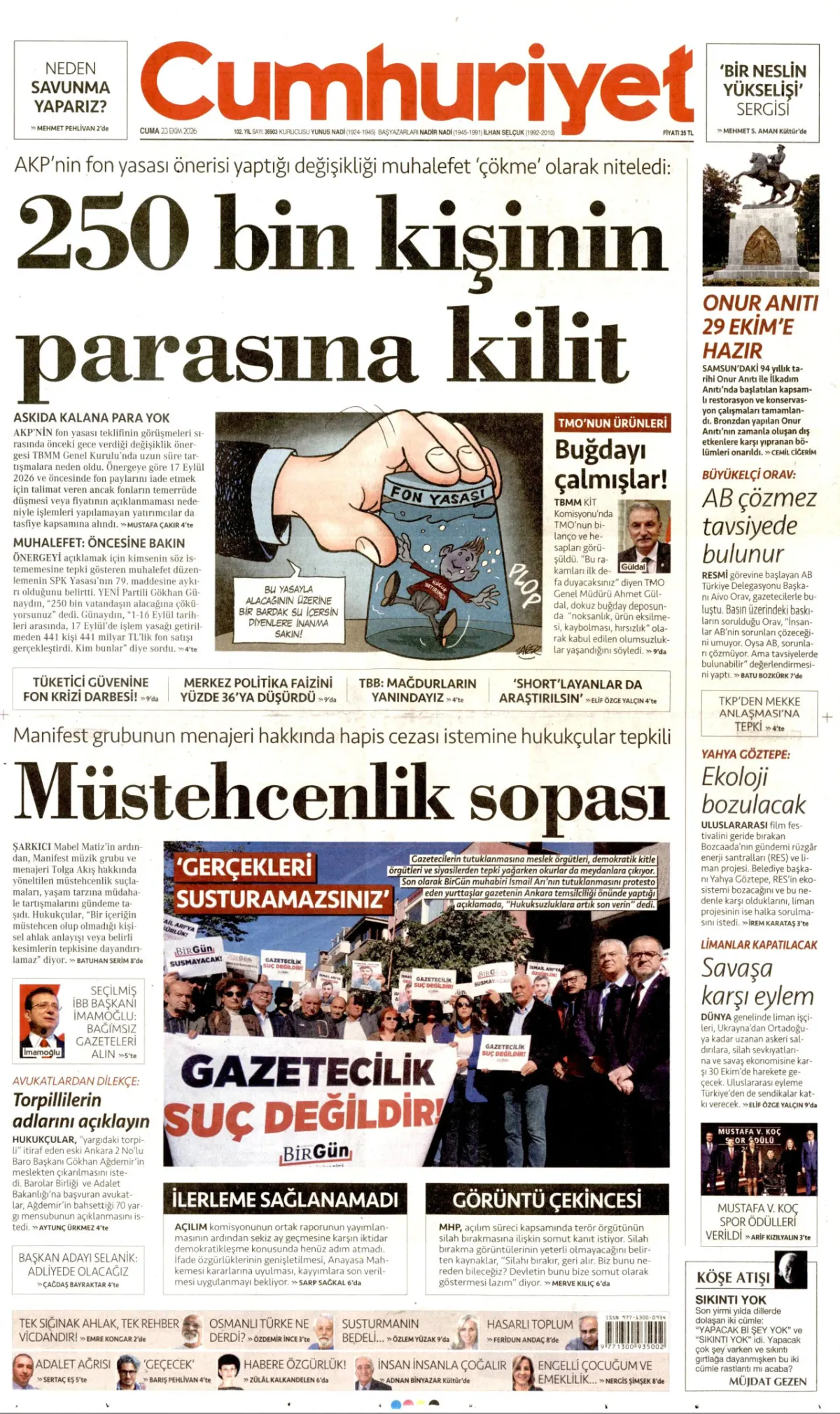 Cumhuriyet birinci sayfa manşeti (24 Ekim 2026)