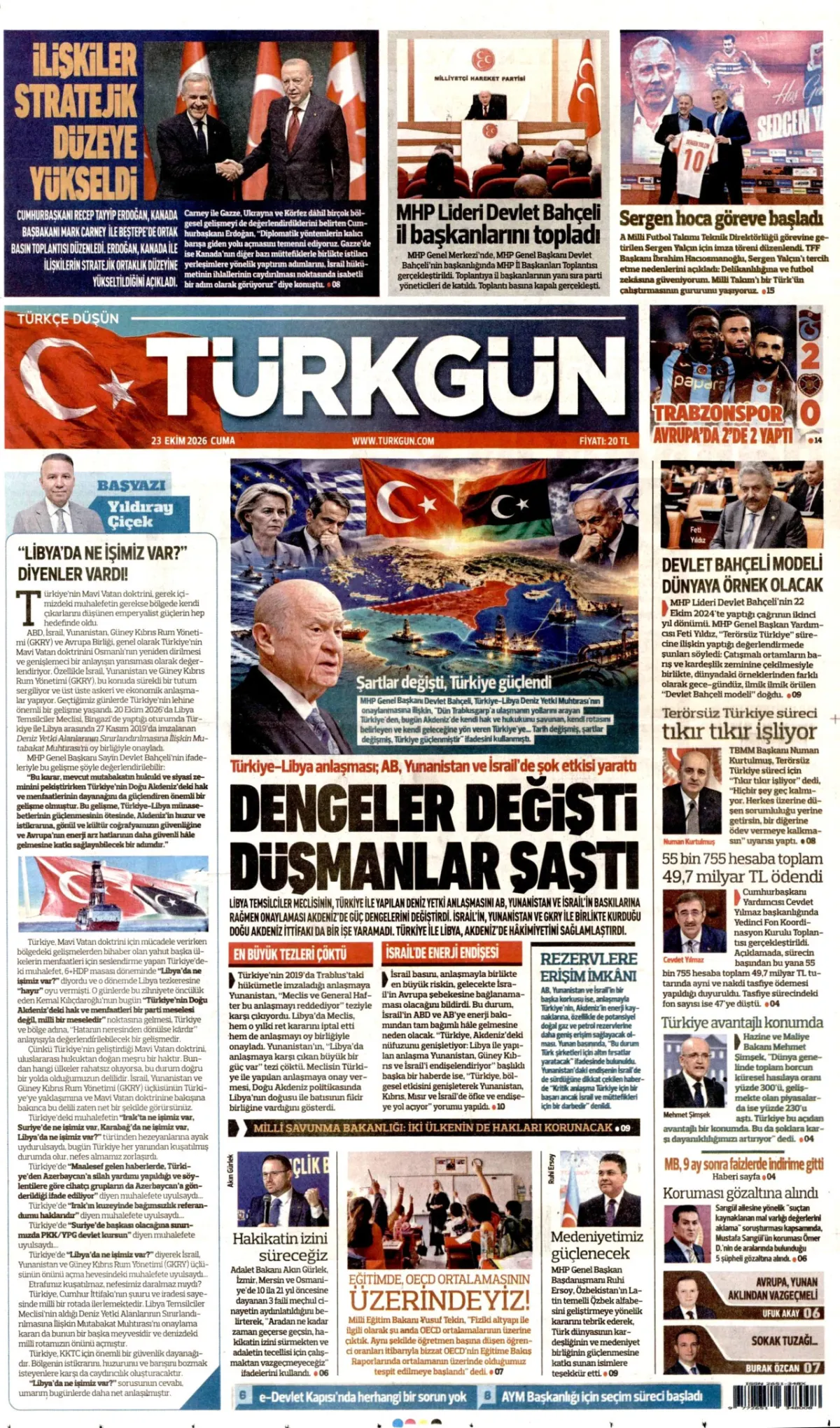 Türkgün birinci sayfa manşeti (24 Ekim 2026)