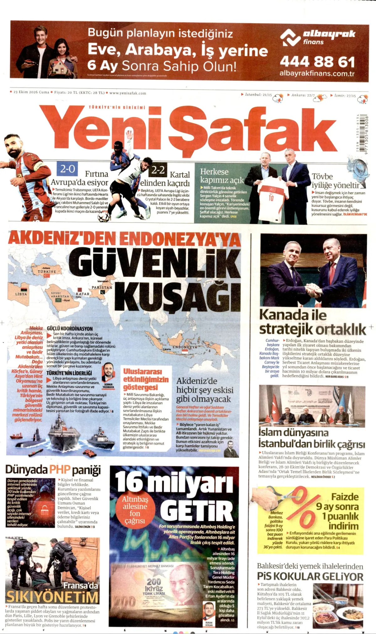 Yeni Şafak birinci sayfa manşeti (24 Ekim 2026)