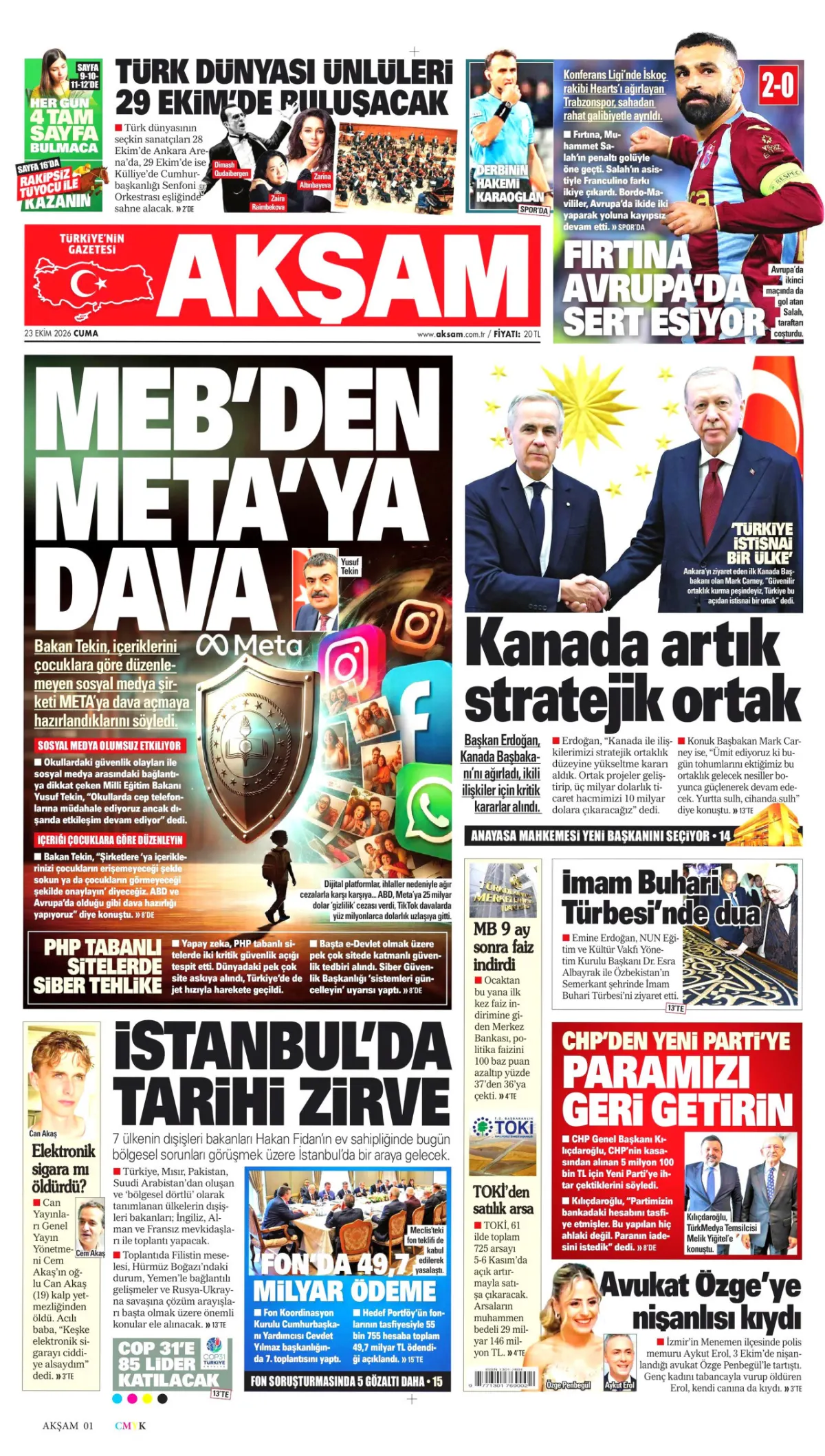 Akşam birinci sayfa manşeti (24 Ekim 2026)