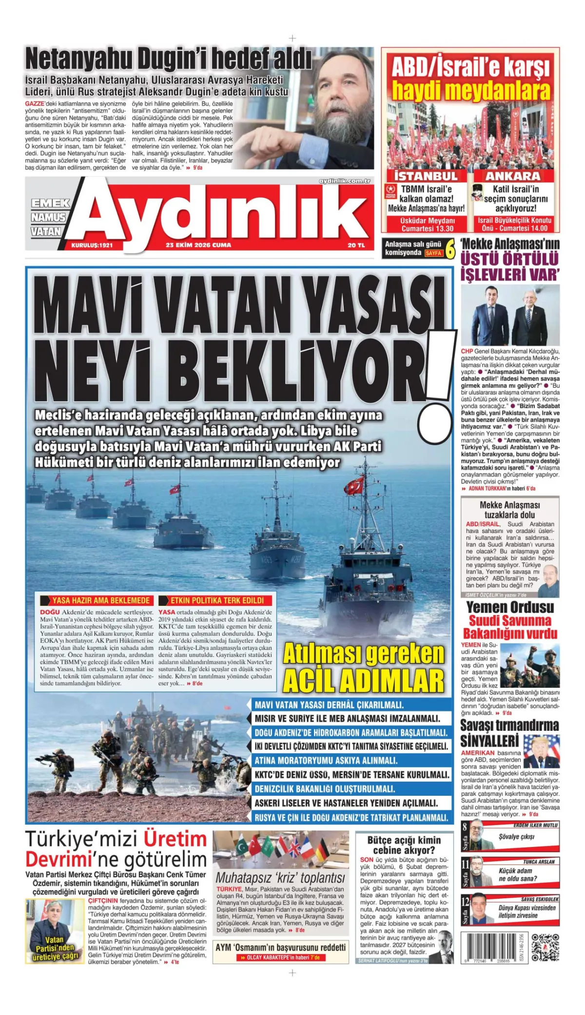Aydınlık birinci sayfa manşeti (24 Ekim 2026)