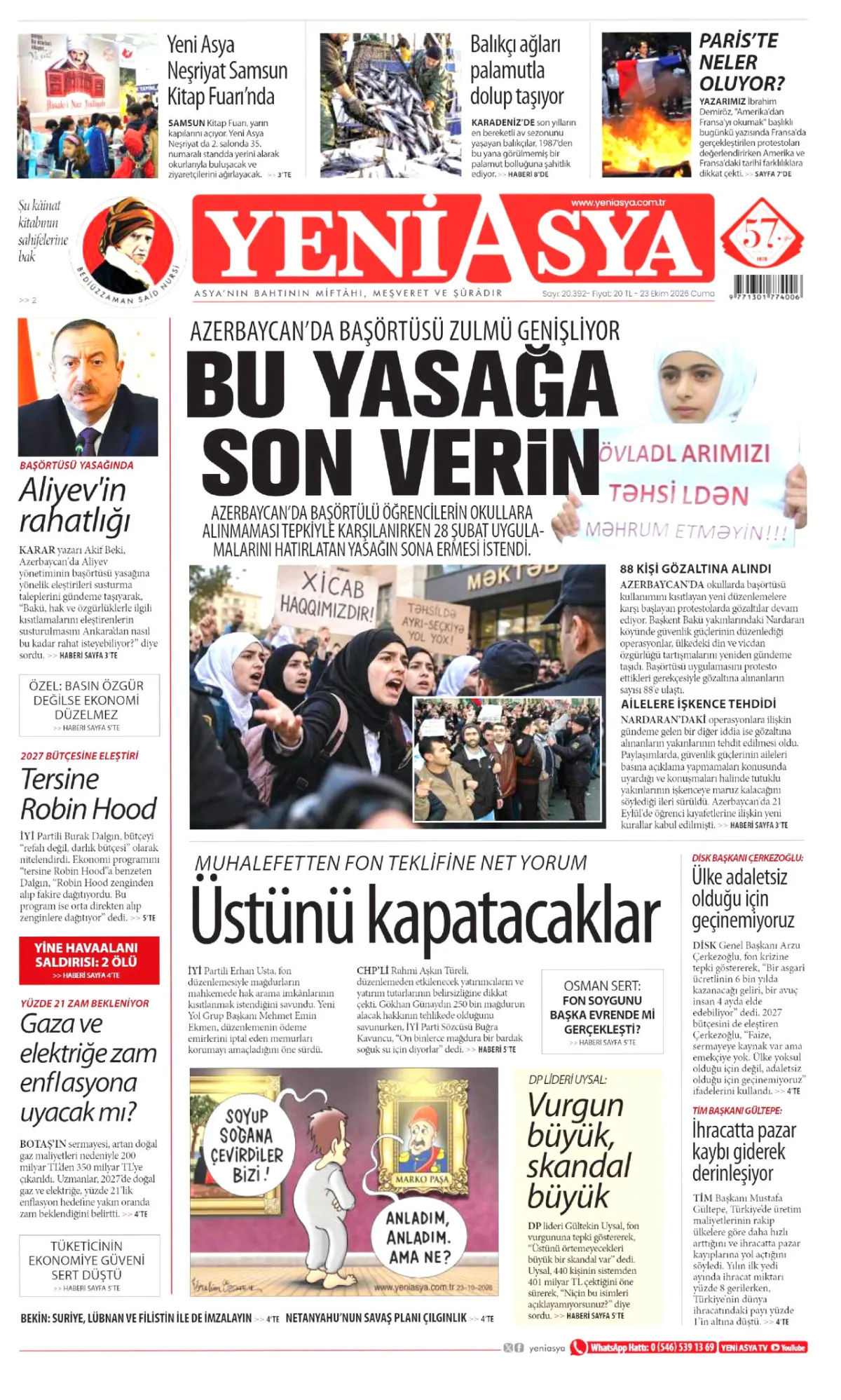 Yeni Asya birinci sayfa manşeti (24 Ekim 2026)