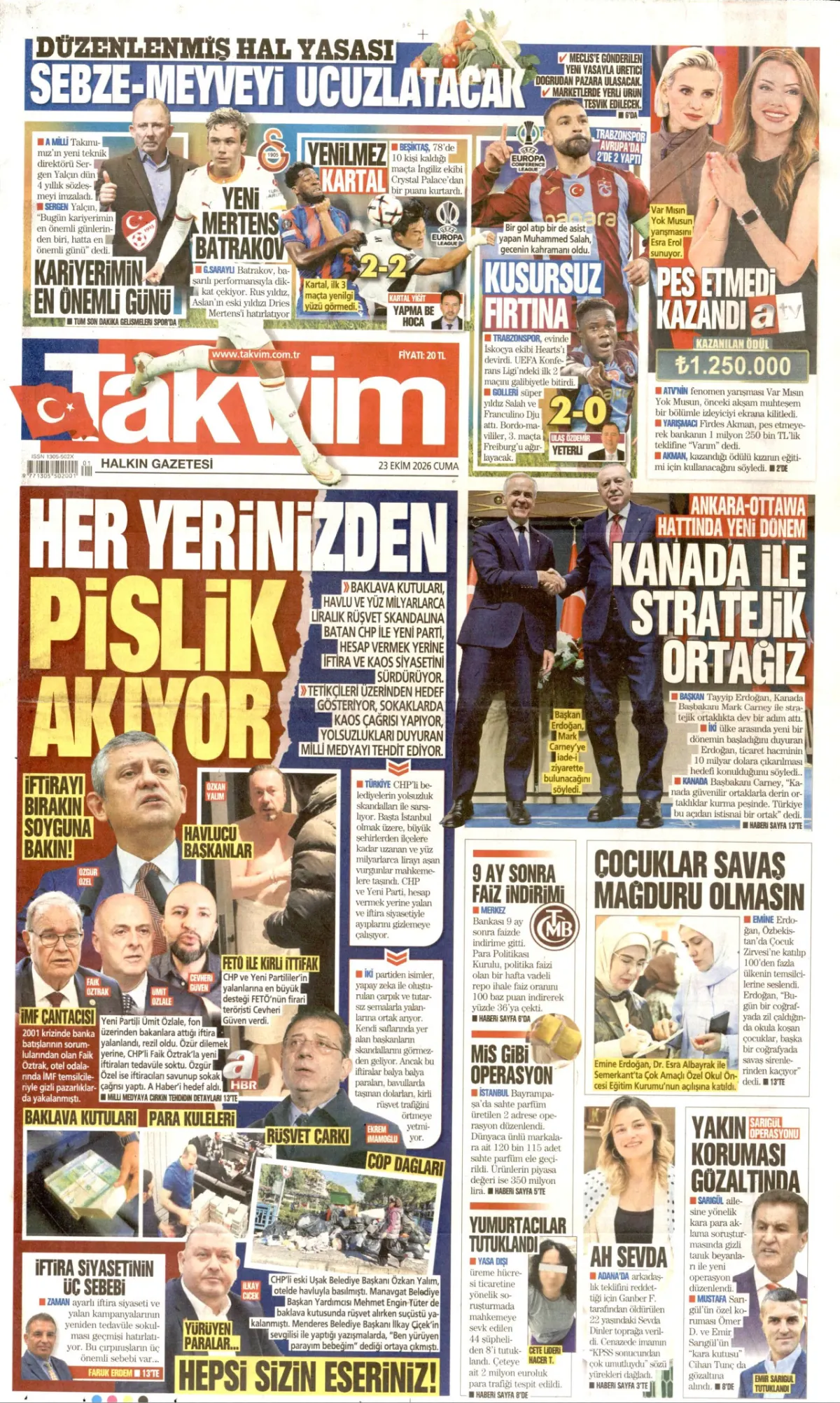 Takvim birinci sayfa manşeti (24 Ekim 2026)