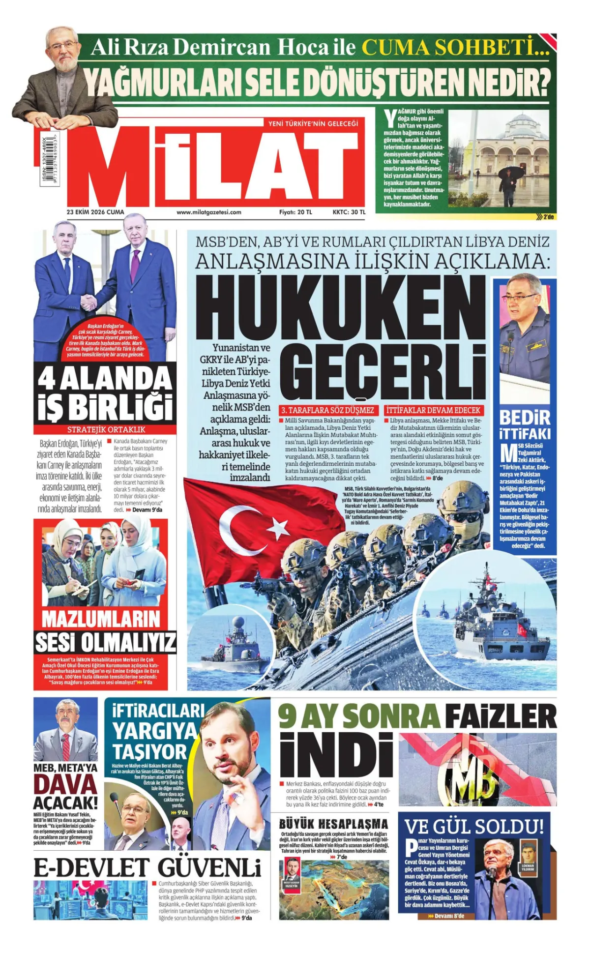 Milat birinci sayfa manşeti (24 Ekim 2026)