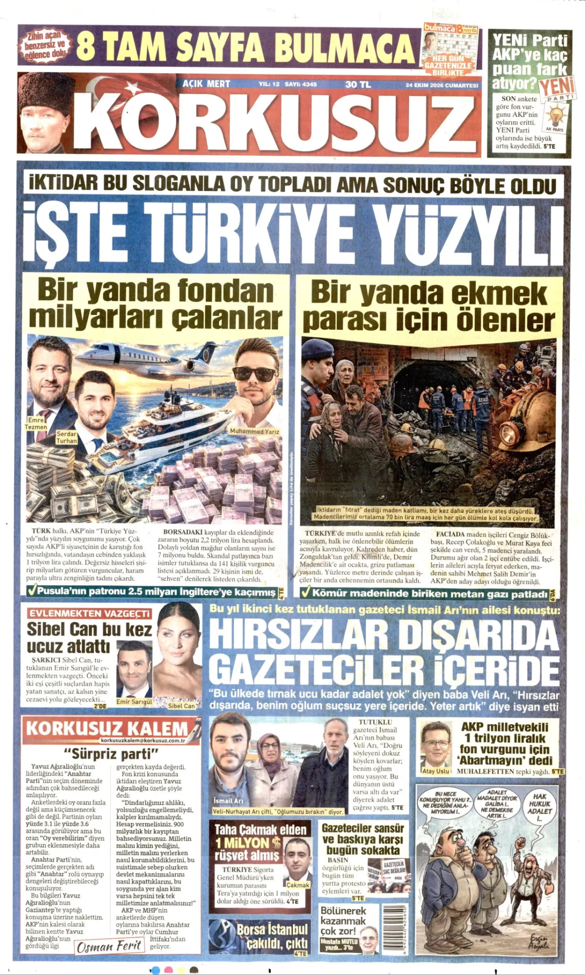 Korkusuz birinci sayfa manşeti (24 Ekim 2026)