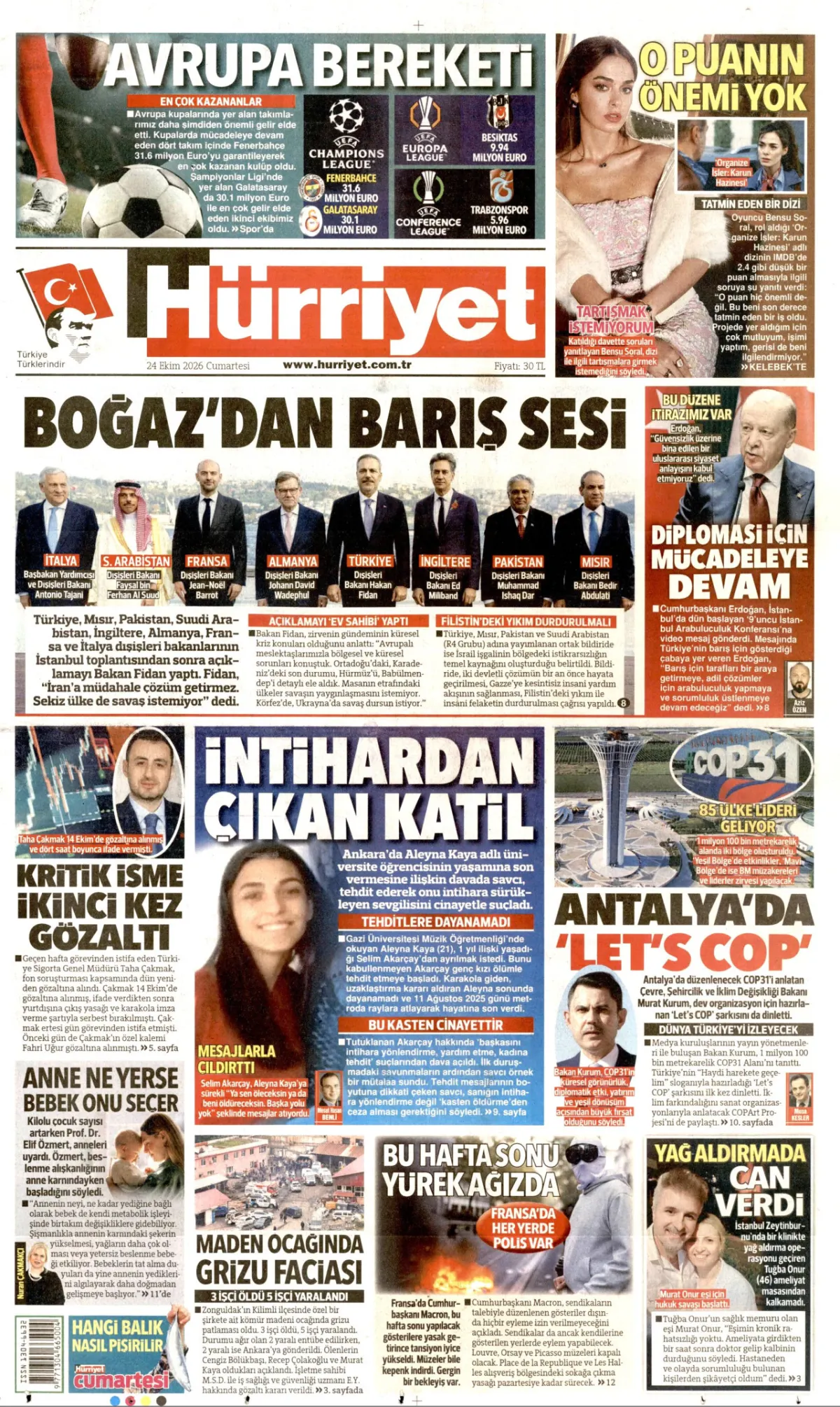 Hürriyet birinci sayfa manşeti (25 Ekim 2026)
