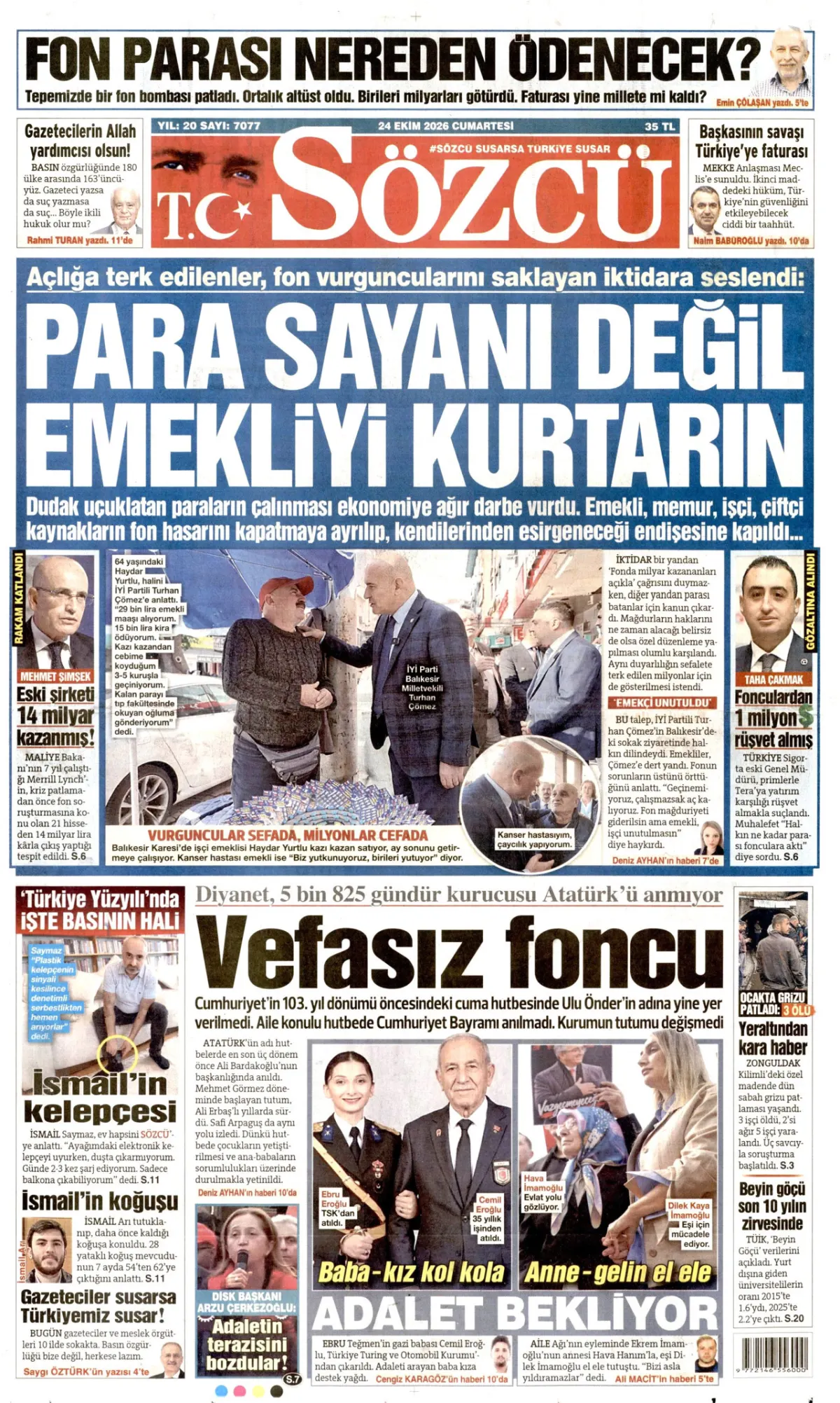 Sözcü birinci sayfa manşeti (25 Ekim 2026)