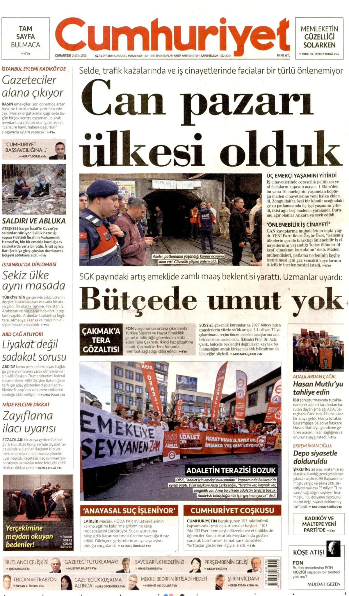 Cumhuriyet birinci sayfa manşeti (25 Ekim 2026)