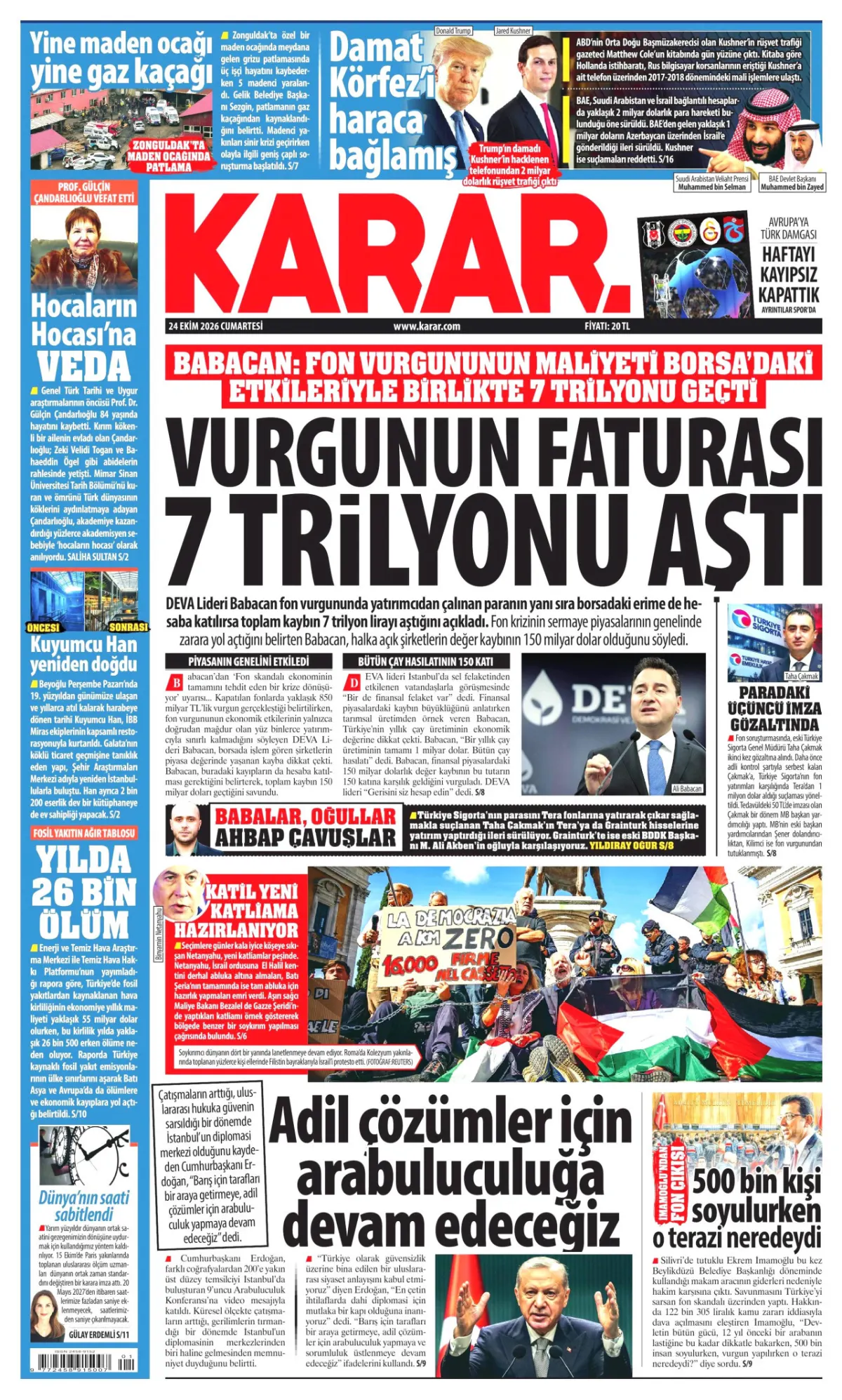 Karar birinci sayfa manşeti (25 Ekim 2026)
