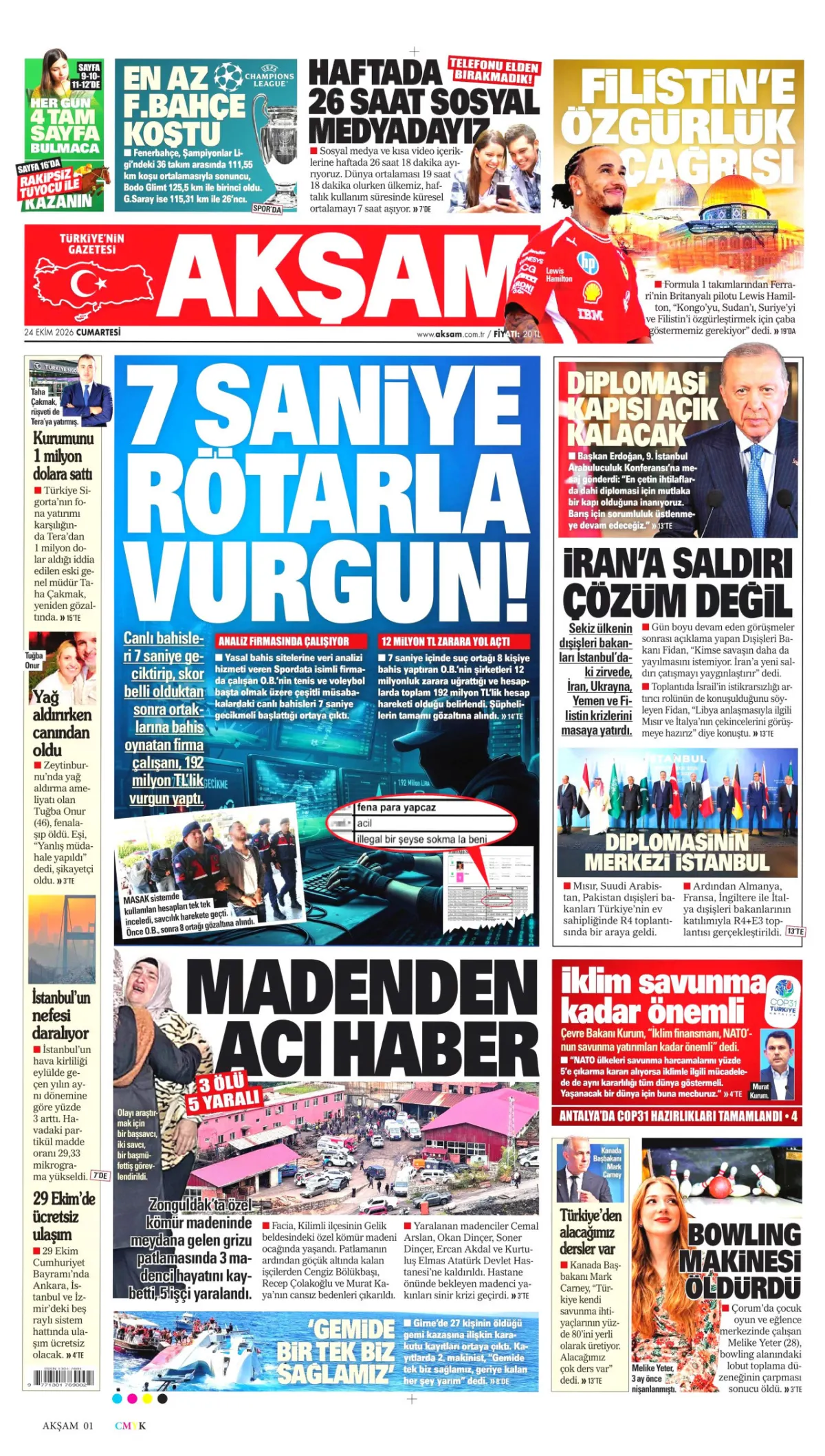 Akşam birinci sayfa manşeti (25 Ekim 2026)