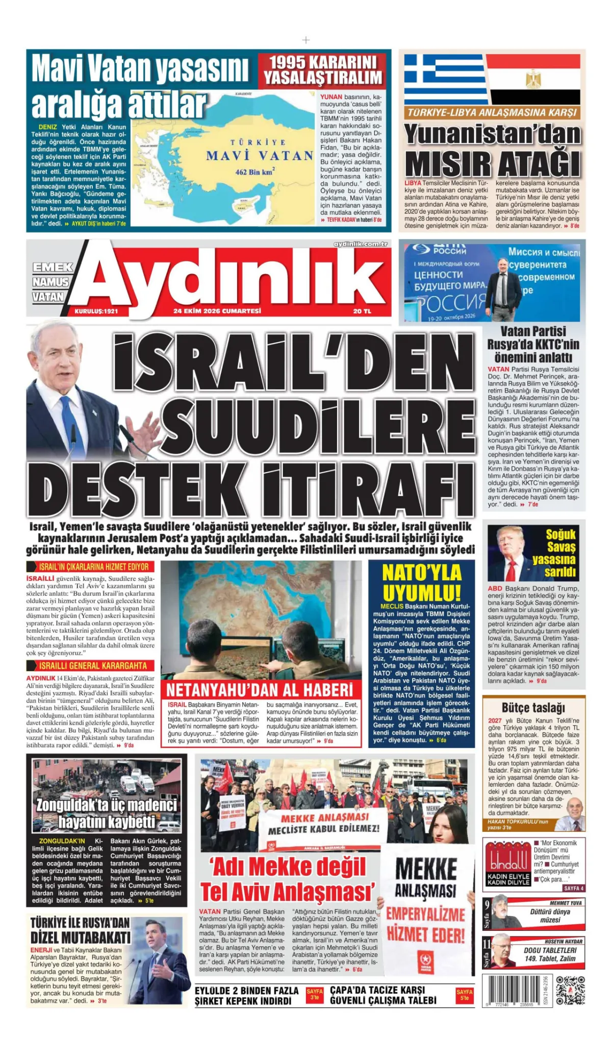 Aydınlık birinci sayfa manşeti (25 Ekim 2026)