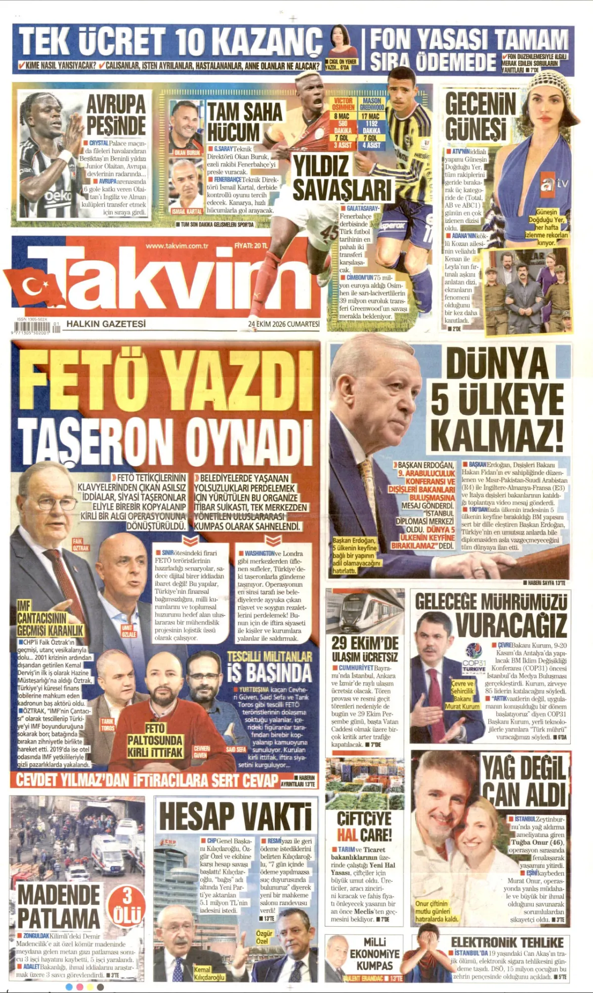 Takvim birinci sayfa manşeti (25 Ekim 2026)