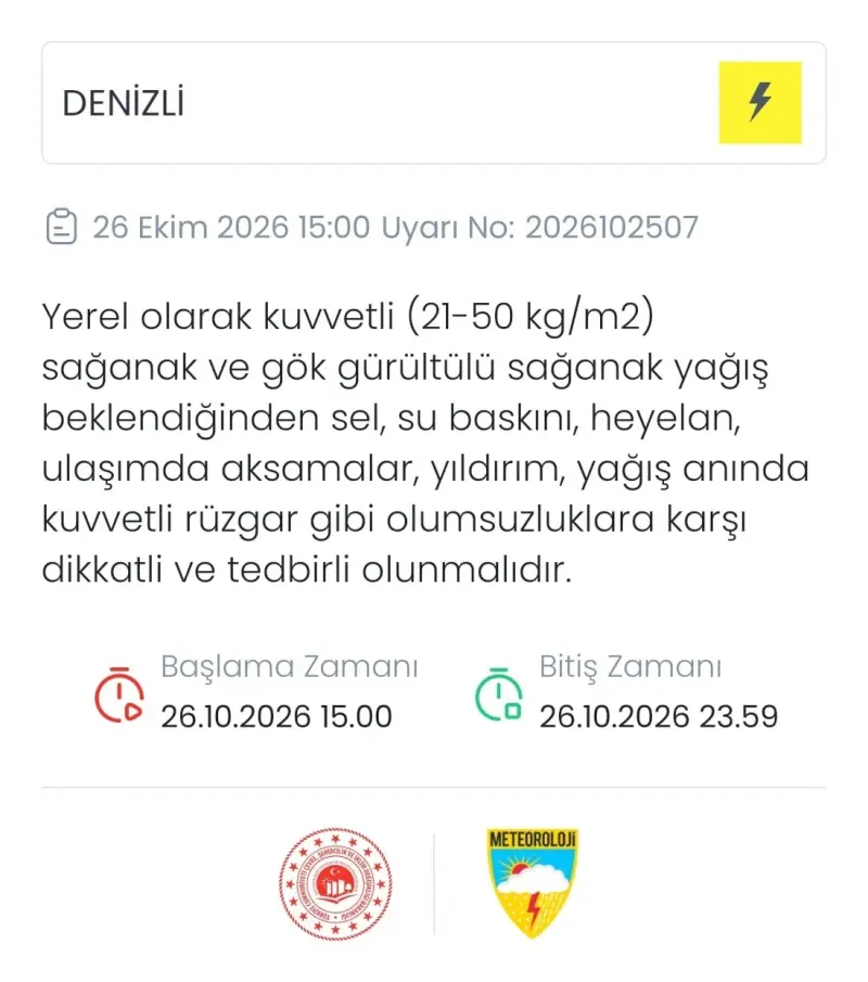 Denizli İçin Meteorolojiden Kuvvetli Sağanak ve Gök Gürültülü Yağış Uyarısı